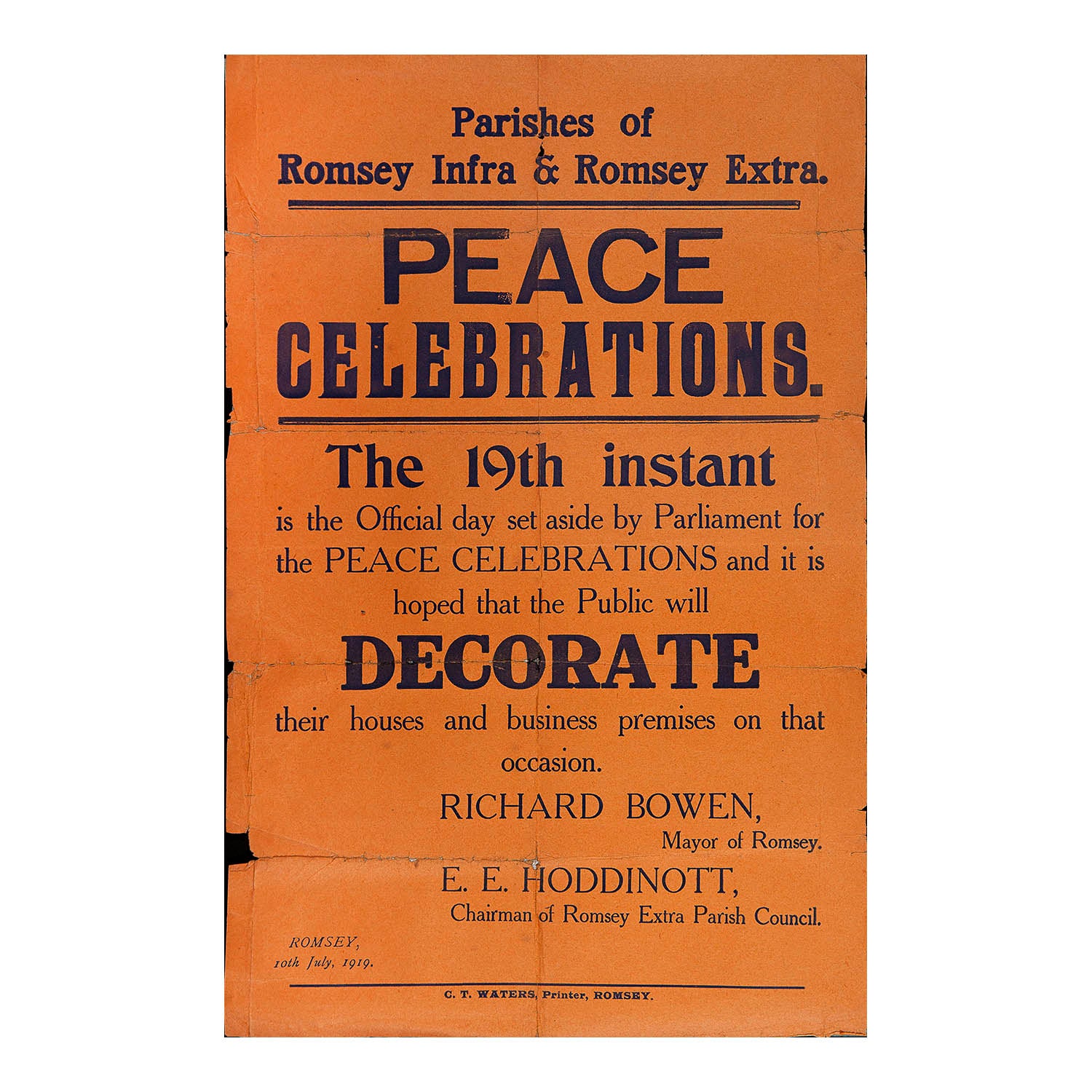 Original First World War era poster, Peace Celebrations, published by the Parishes of Romsey Infra and Romsey Extra, Hampshire, 1919.