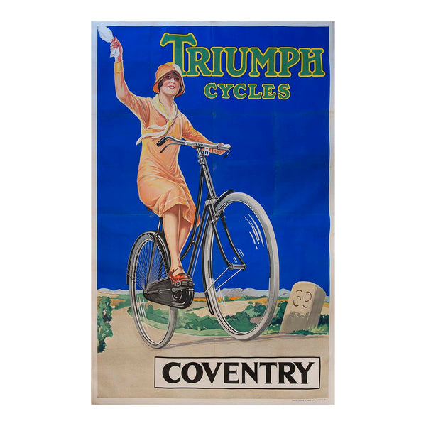 Poster advertising Triumph bicycles, c. 1925-1930. The image of a female bicycler waving at the viewer from the open road