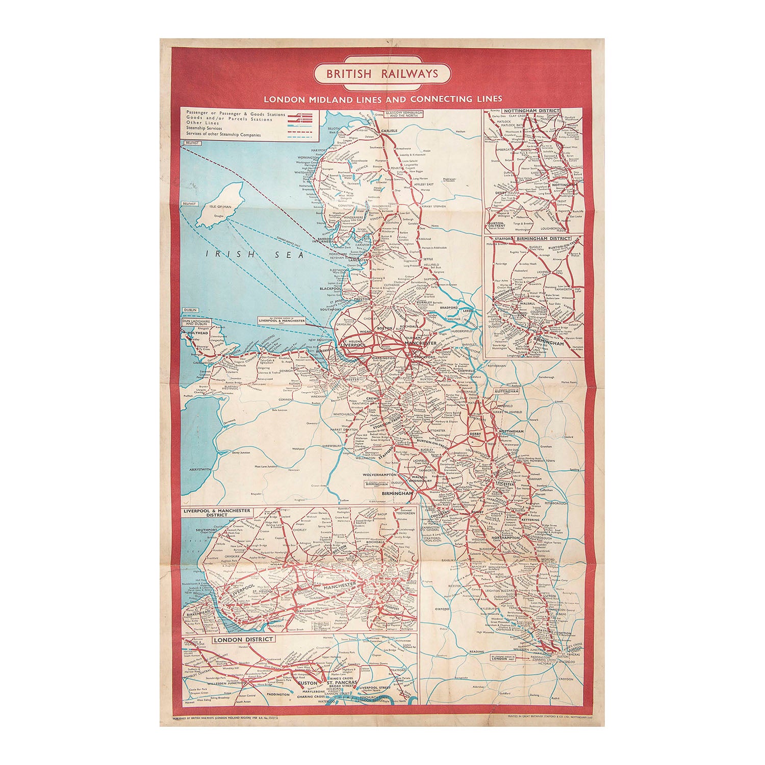 Original British Railways (London Midland Region) poster route map, 1952. A very detailed poster map depicting the entire London Midland Region network from London (Euston and St Pancras) to Carlisle, with inserts for London, Liverpool & Manchester, Birmingham, and Nottingham.