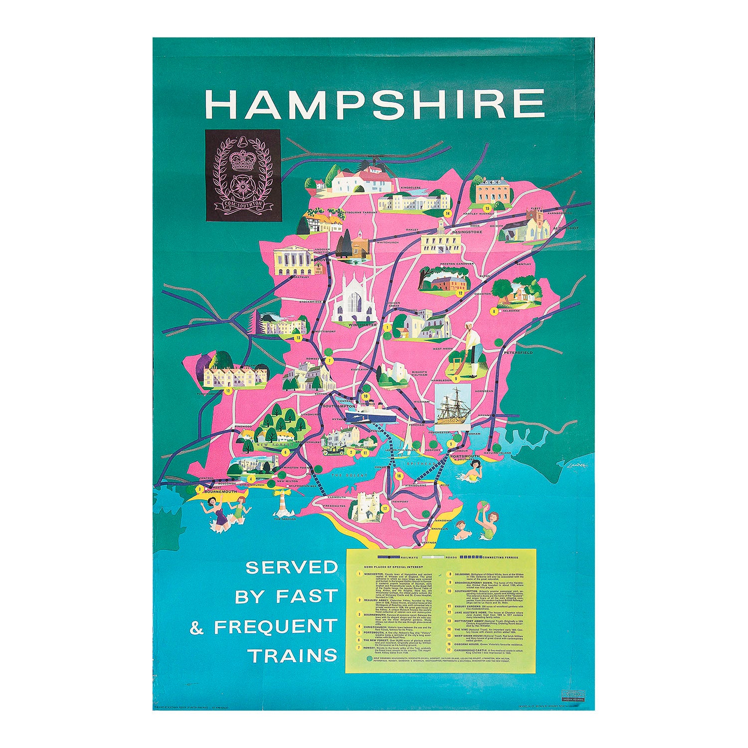 A lovely, original, decorative poster map of Hampshire designed by Reginald Lander for British Railways, 1963. The charming design features vignettes of places to visit, including Winchester, Southampton, the Isle of Wight, Beaulieu Abbey, the New Forest and Carisbrooke Castle