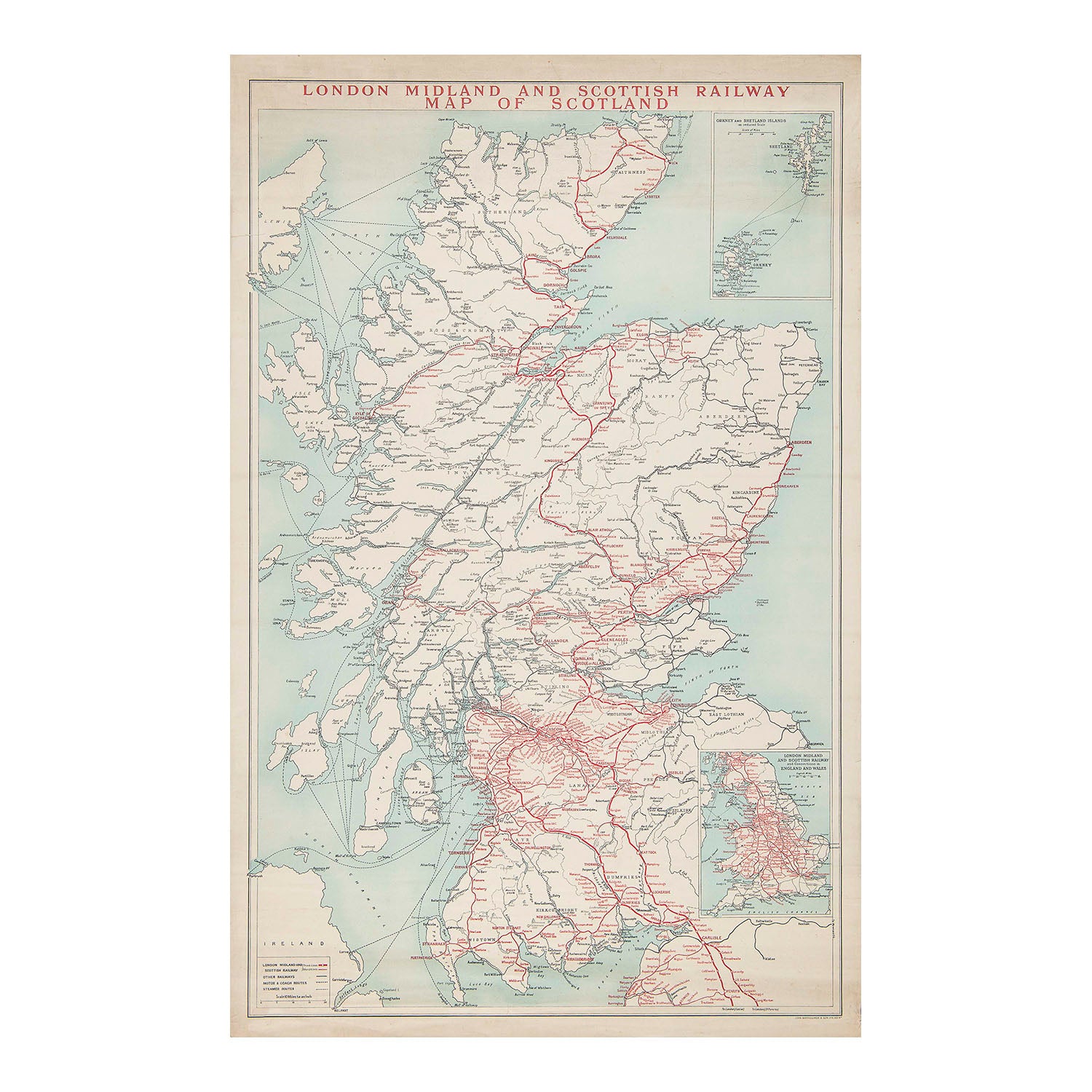 Original large format London Midland and Scottish Railway map of the company's rail network and connections in Scotland, c.1930.