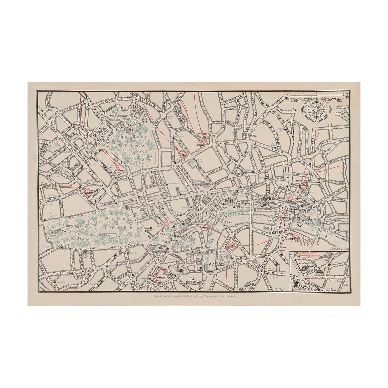 Original semi-pictorial map showing the location of branches of the Westminster Bank in central London, c. 1950. Illustrated by Althea Willoughby with calligraphy by Henry Ball.
The map depicts places of interest and the mainline railway stations (each of whcih is represented by a charming steam locomotive)