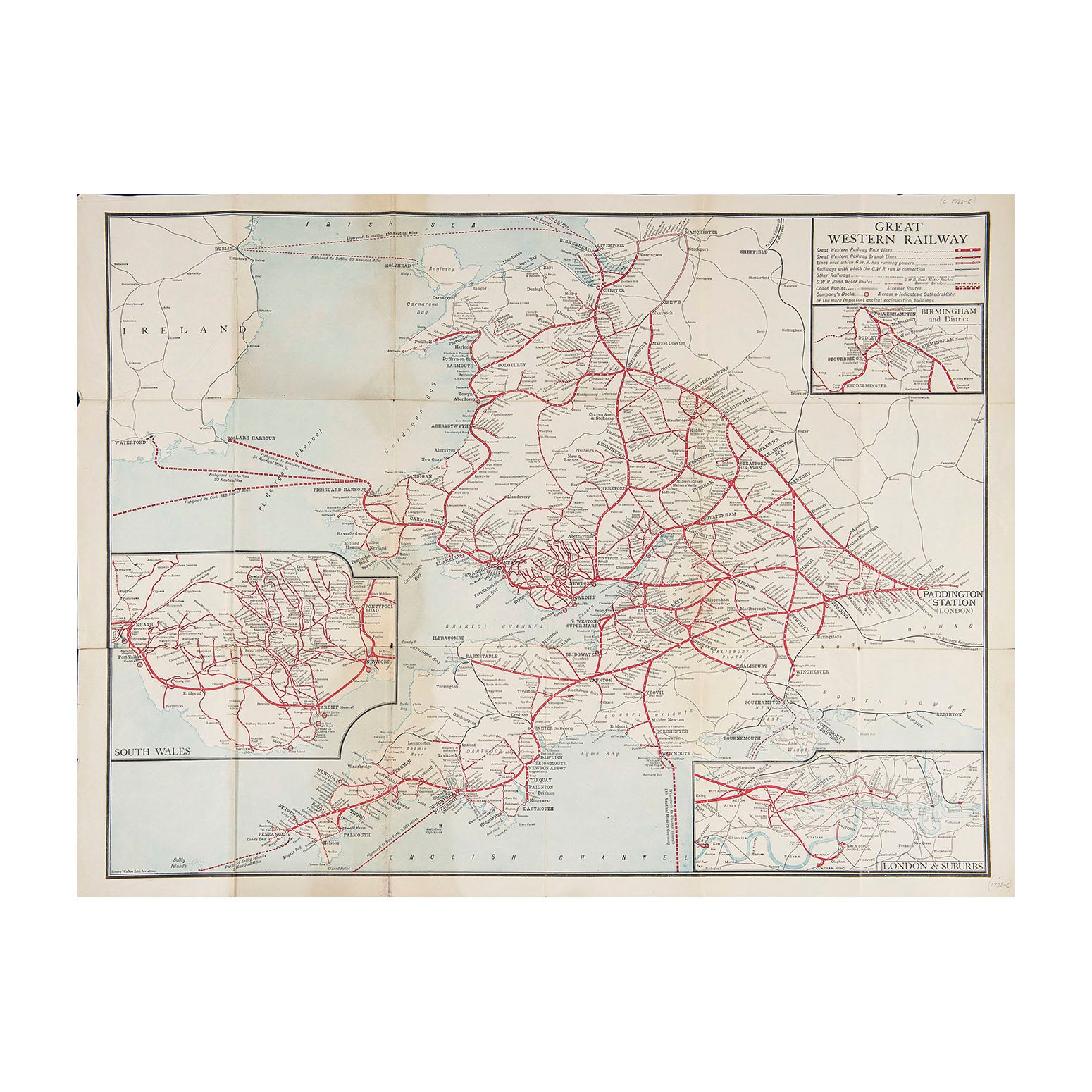 Original folding Map of the Great Western Railway,  c.1922-26
The map unfolds to show the company's rail network and steamer routes, with detailed inserts for Birmingham and District, London & Suburbs, and South Wales.