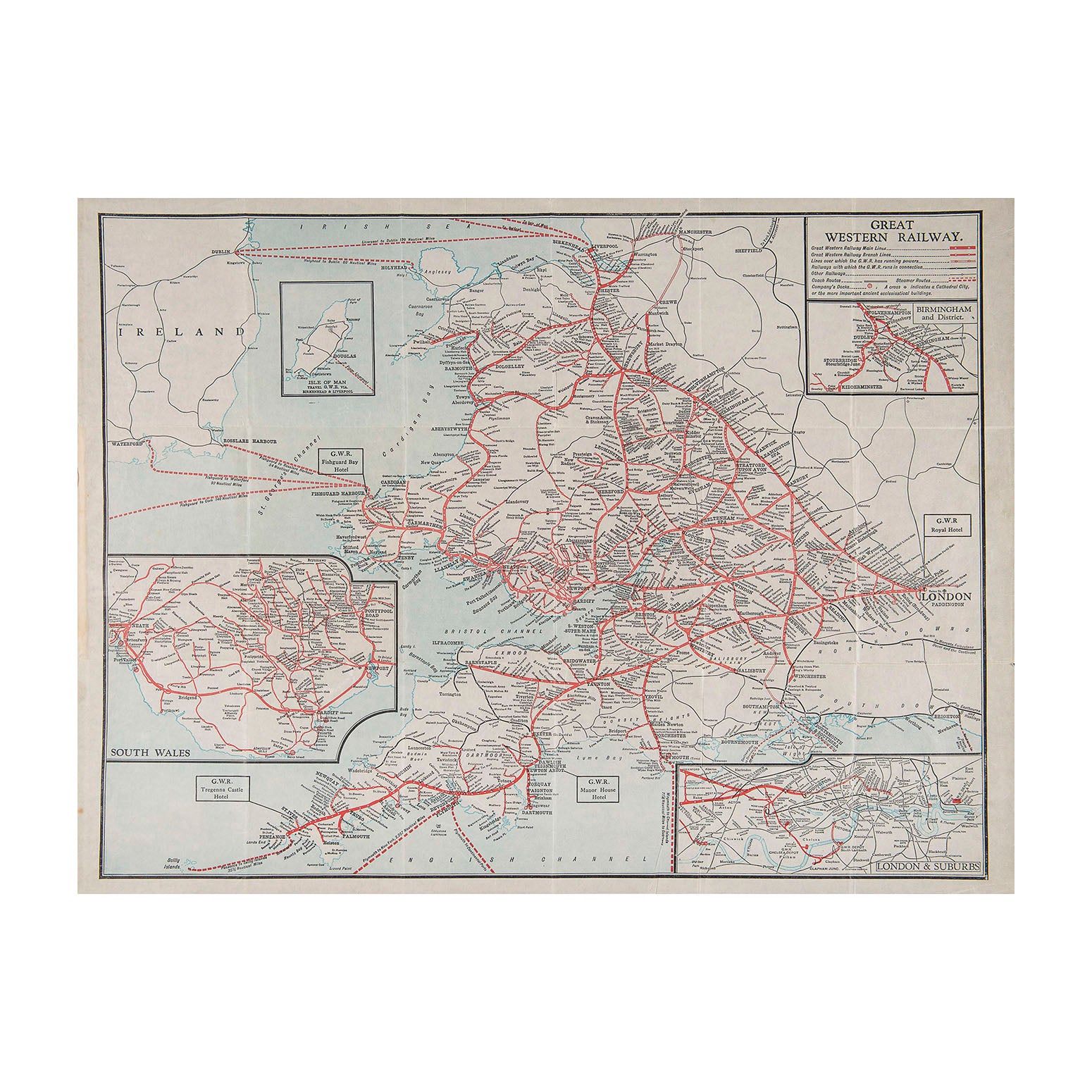 Original folding Map of the Great Western Railway,  c.1925
The map unfolds to show the company's rail network and steamer routes, with detailed inserts for Birmingham and District, Isle of Man, London & Suburbs, and South Wales.