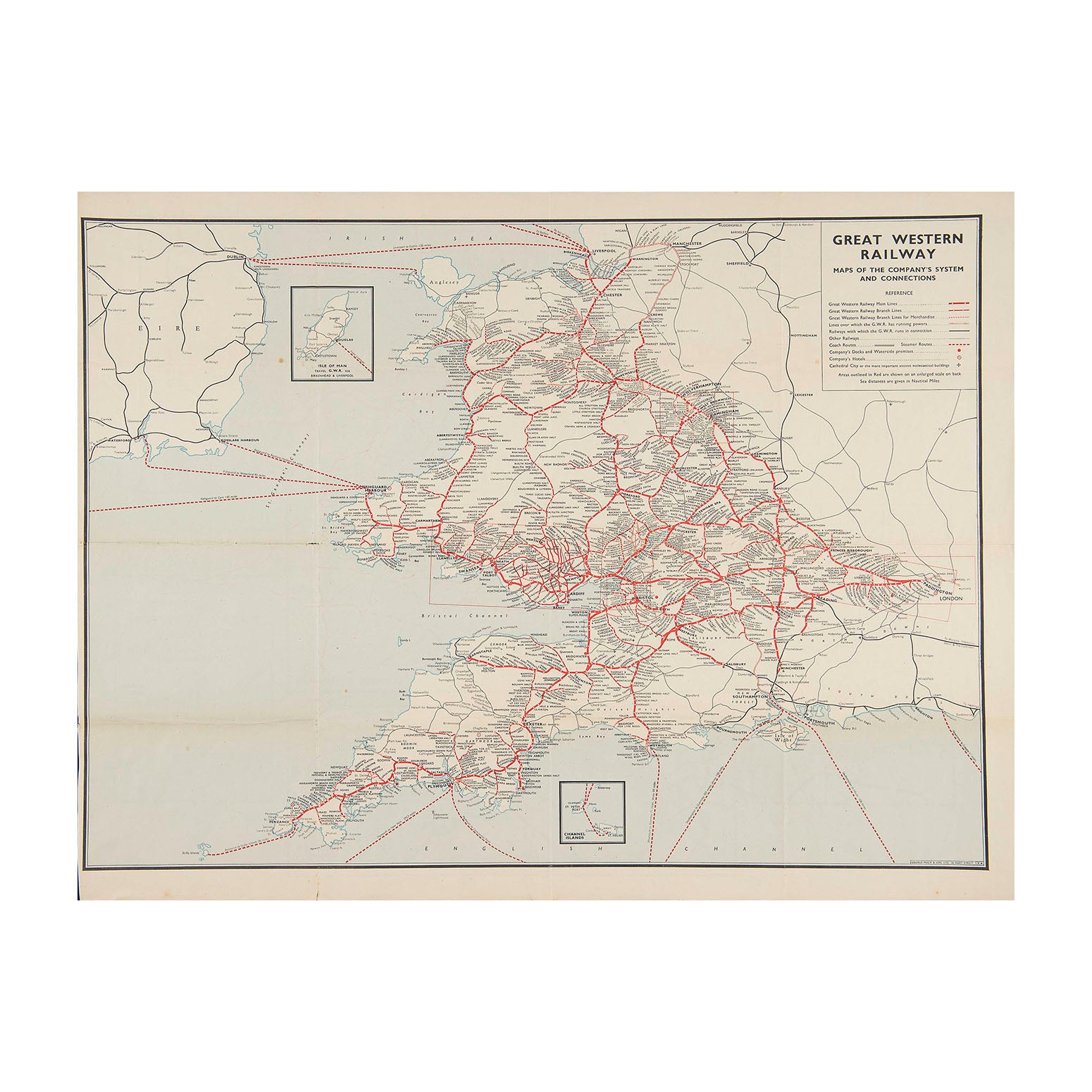 Original double sided folding Map of the Great Western Railway, c.1925
The map unfolds to show the company's rail network and steamer routes, with an insert for the Isle of Man. On the reverse are more detailed maps for Birmingham and District, GWR South Wales Docks, London & Suburbs, Ireland, Bristol & District and the River Thames