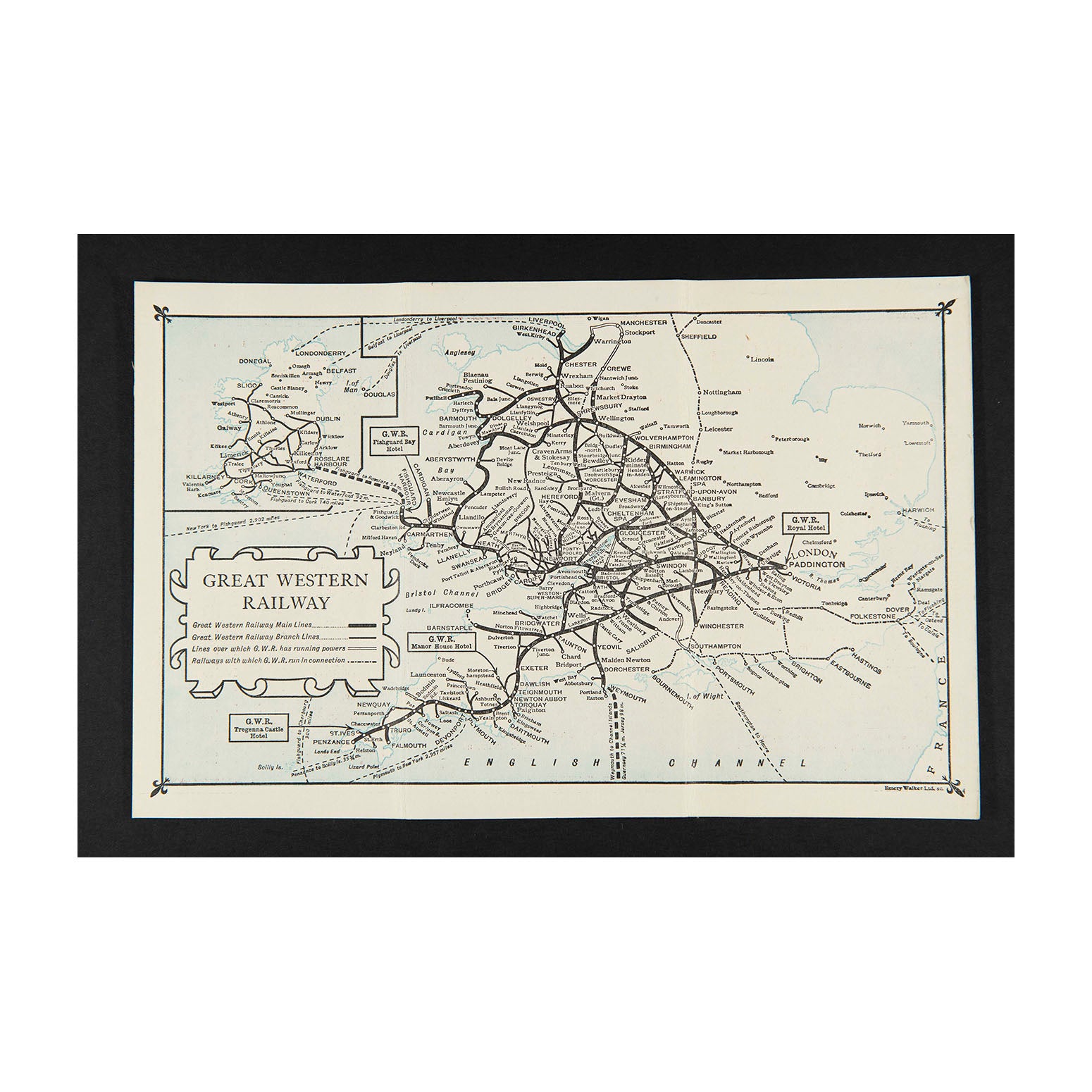 Original folding Map of the Great Western Railway, printed on thin card, c. 1925.
The map unfolds to show the company's rail network and steamer routes, including connections for Ireland. The reverse printed with 'Distances from Paddington Station' and a selection of 'Tasteful Gifts' available from the GWR Stationery Superintendent
