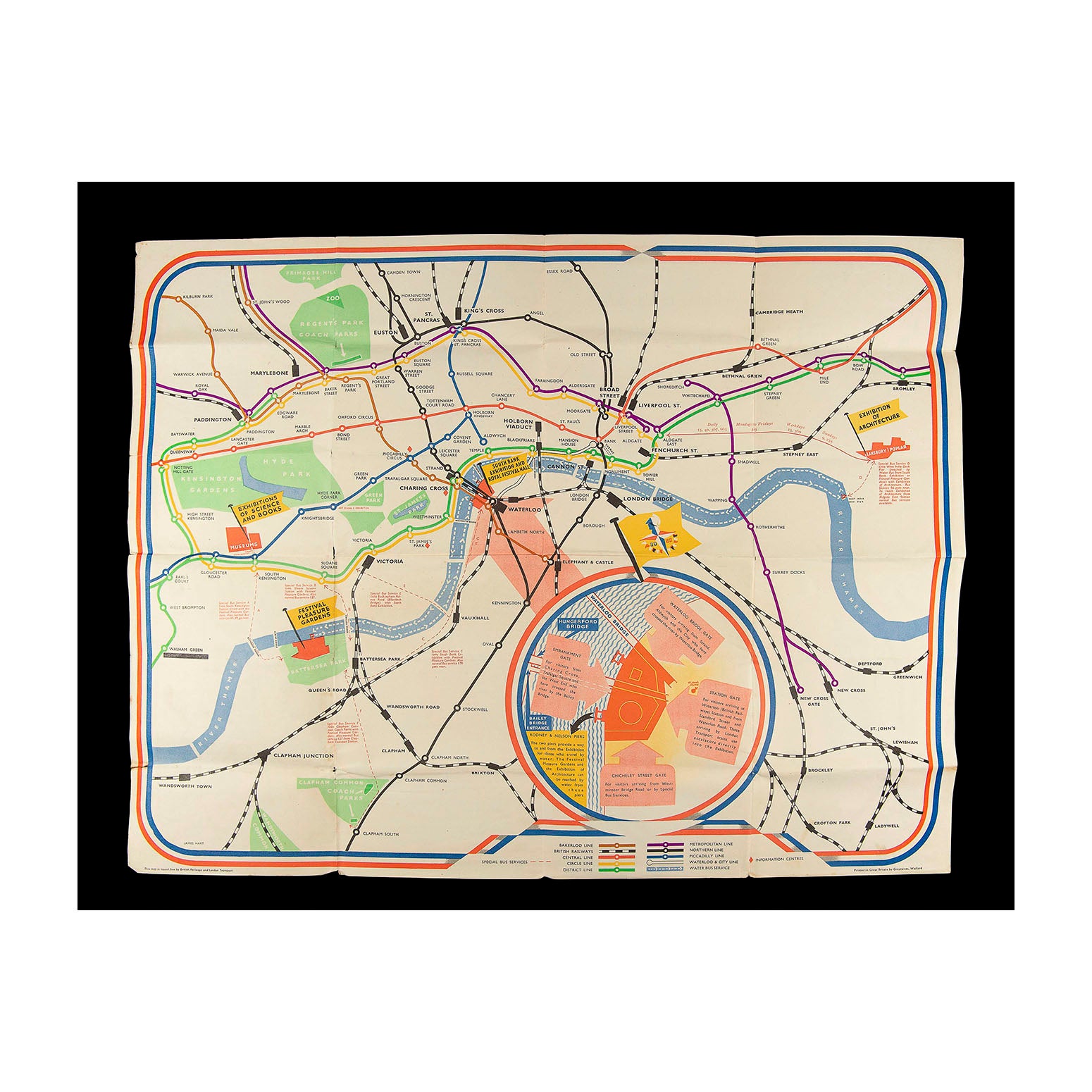 Folding map issued by London Transport and British Railways for visitors to the 1951 Festival of Britain.