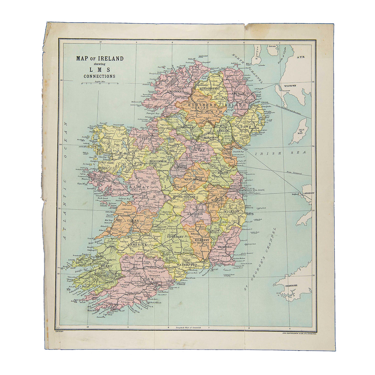 Original folding map issued by the London Midland and Scottish Railway in about 1930-35, showing the Irish rail network.