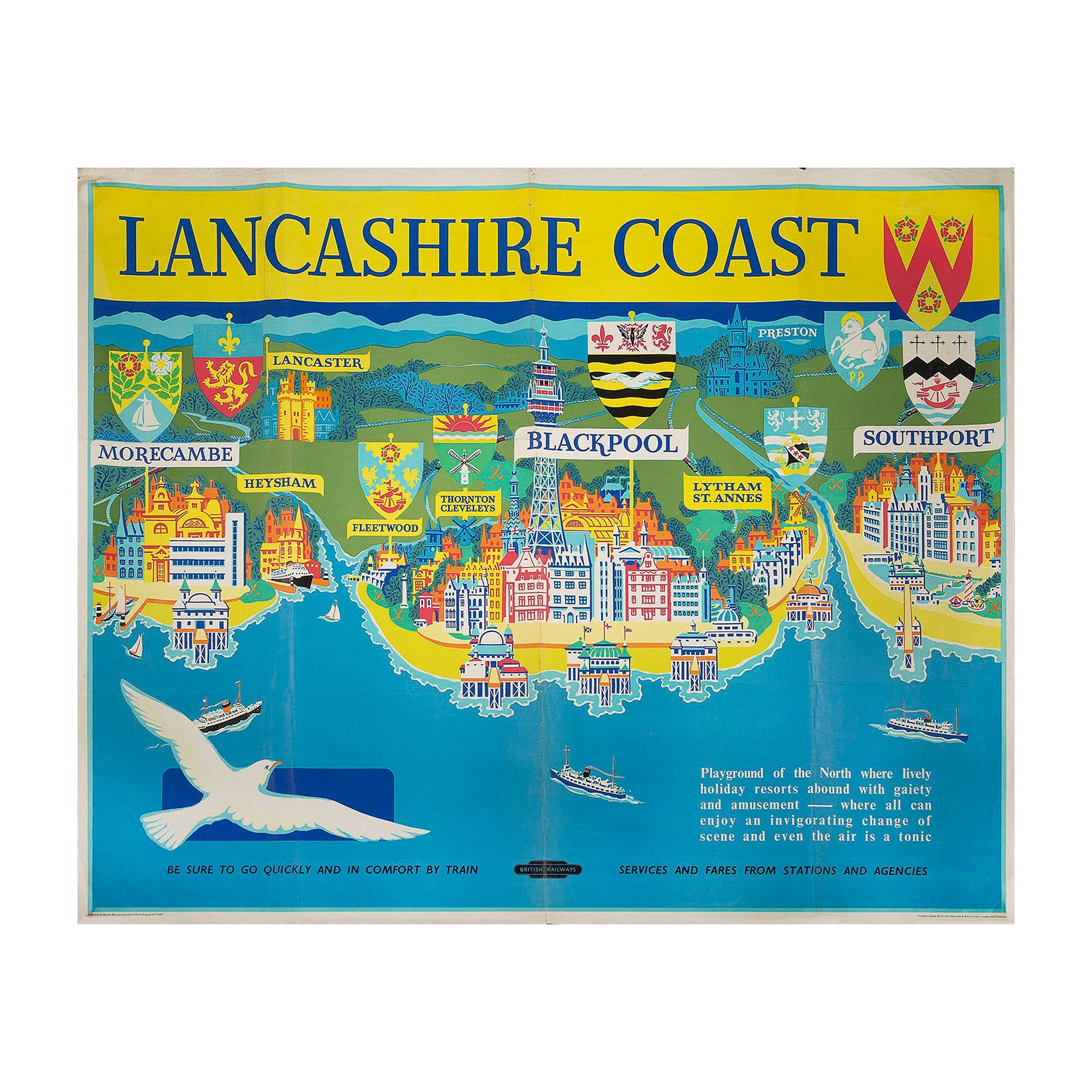 Original British Railways (London Midland Region) poster map, Lancashire Coast, 1957.