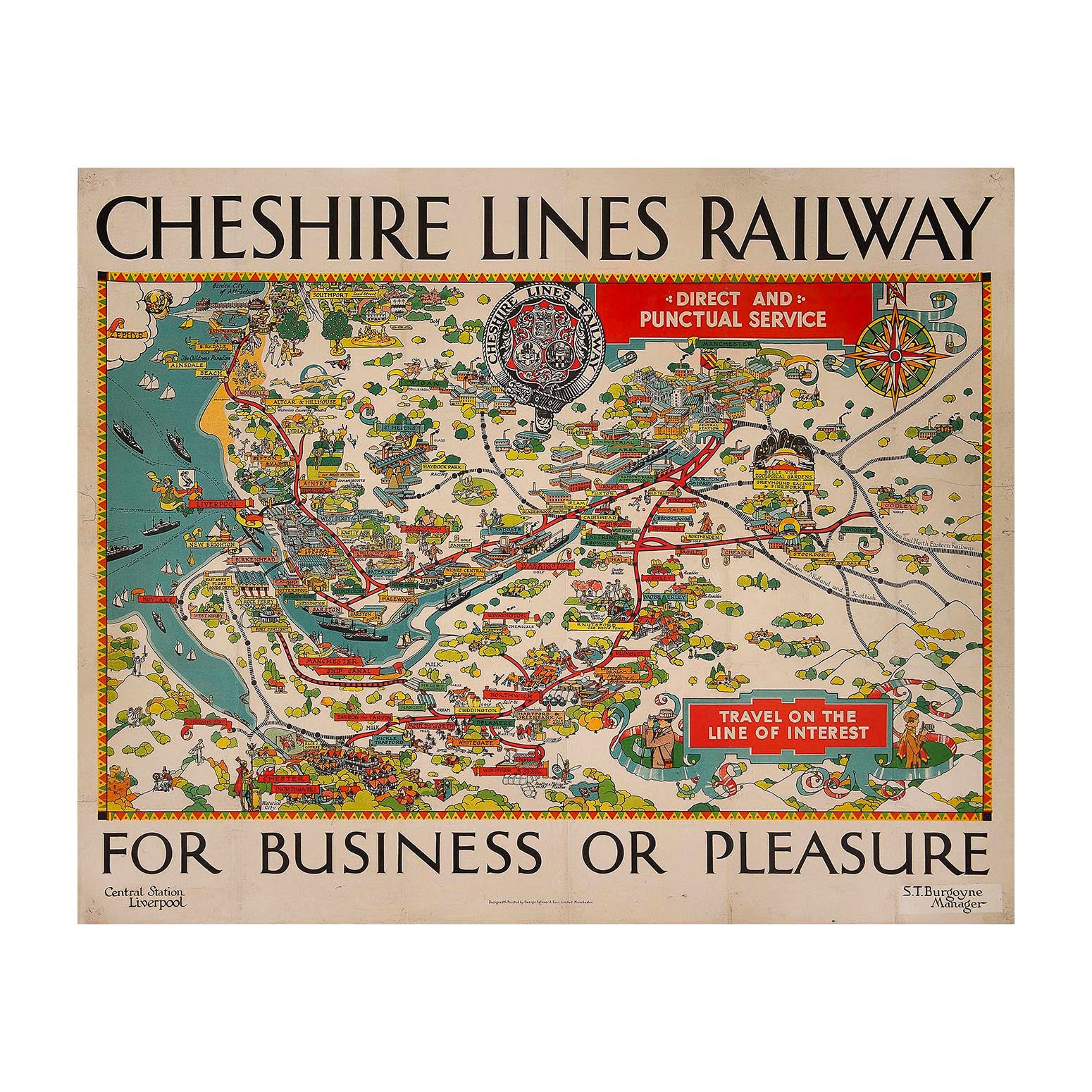 Original railway advertising poster, Cheshire Lines Railway. For Business or Pleasure, c. 1932.