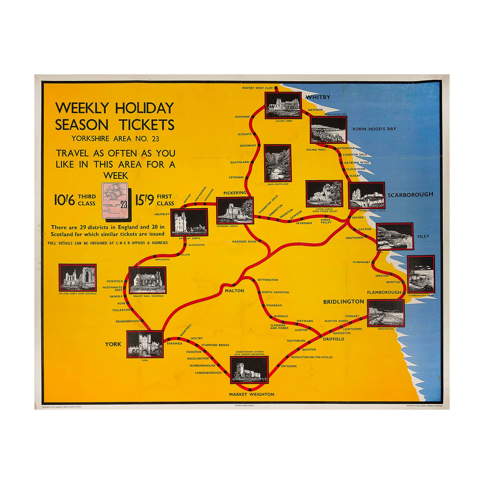 Original and rare semi-pictorial poster map of west Yorkshire, Weekly Holiday Season Tickets, published by the London & North Eastern Railway in about 1935.