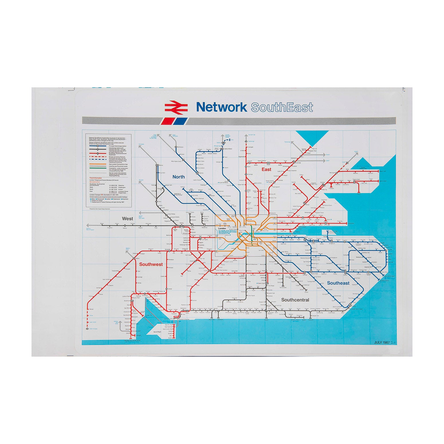 An original unused adhesive Network South East carriage diagrammatic map, 1987. The diagram shows the entire Network South East region. Retains its original protective backing, which would have been removed if the diagram had been fitted to a carriage