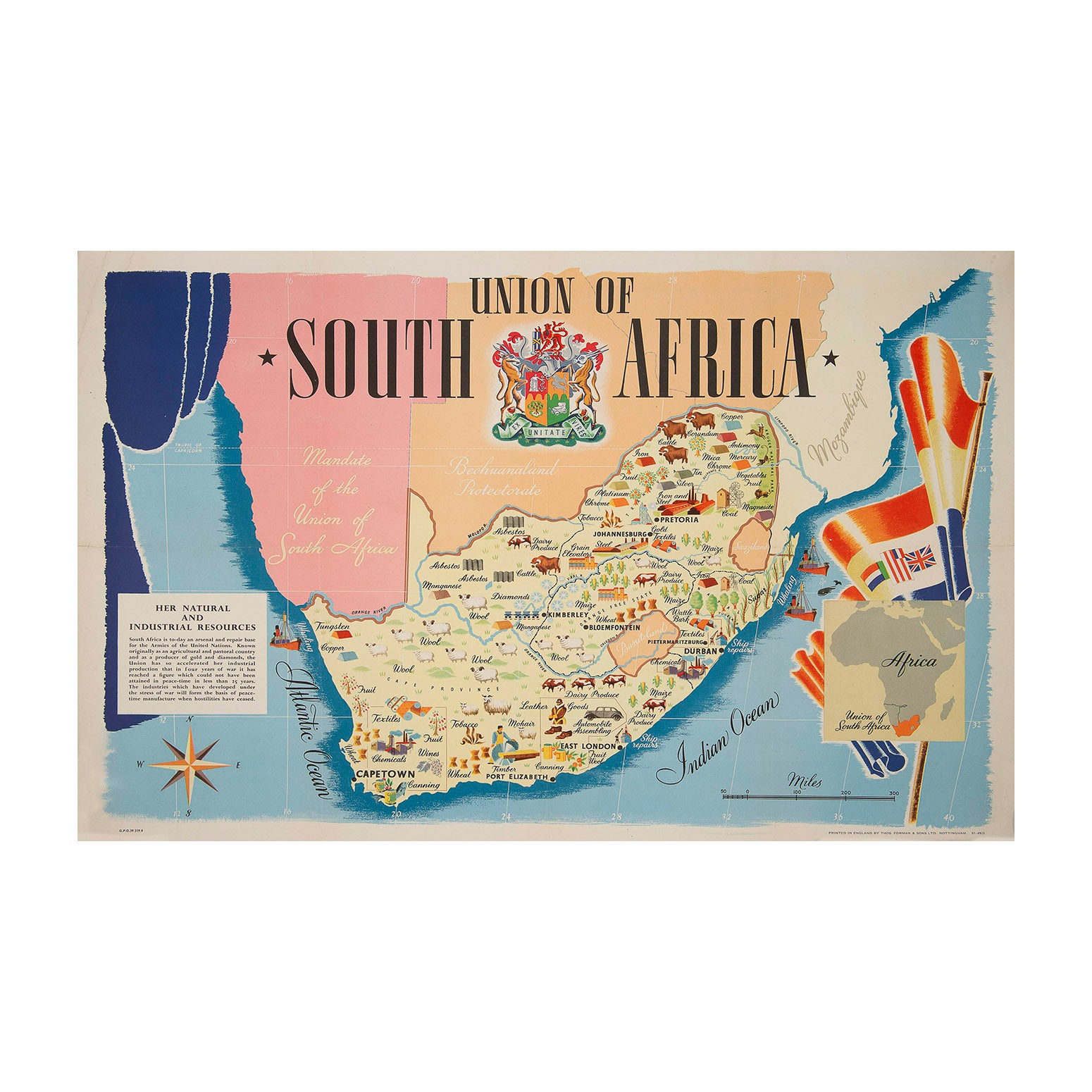 Original, and rare, Second World War pictorial poster map, Union of South Africa. Her Natural and Industrial Resources, published by the British Ministry of Information in about 1944.