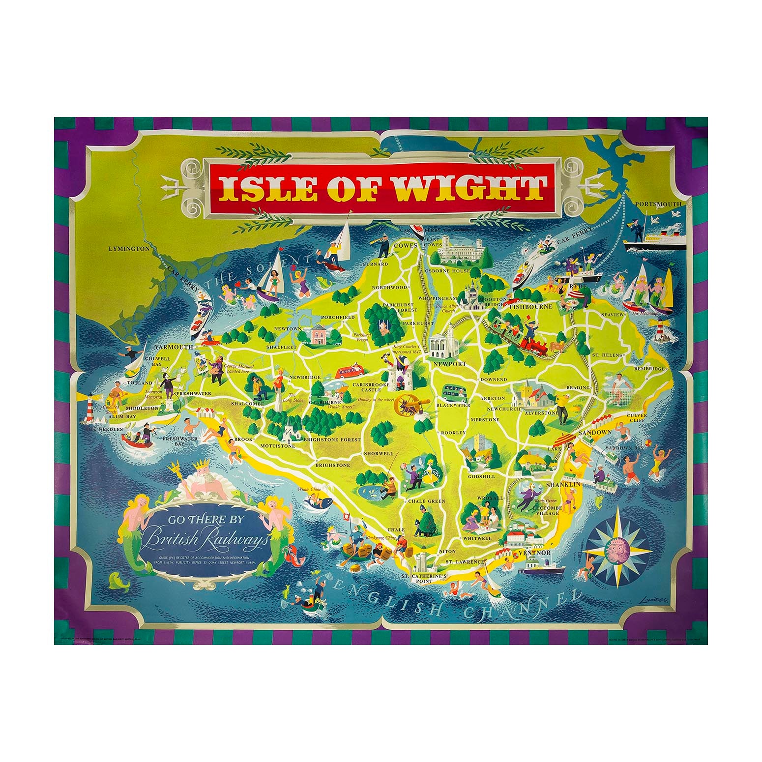 Original illustrated poster map, Isle of Wight, designed by Reginald Lander for British Railways (Southern Region), 1961.