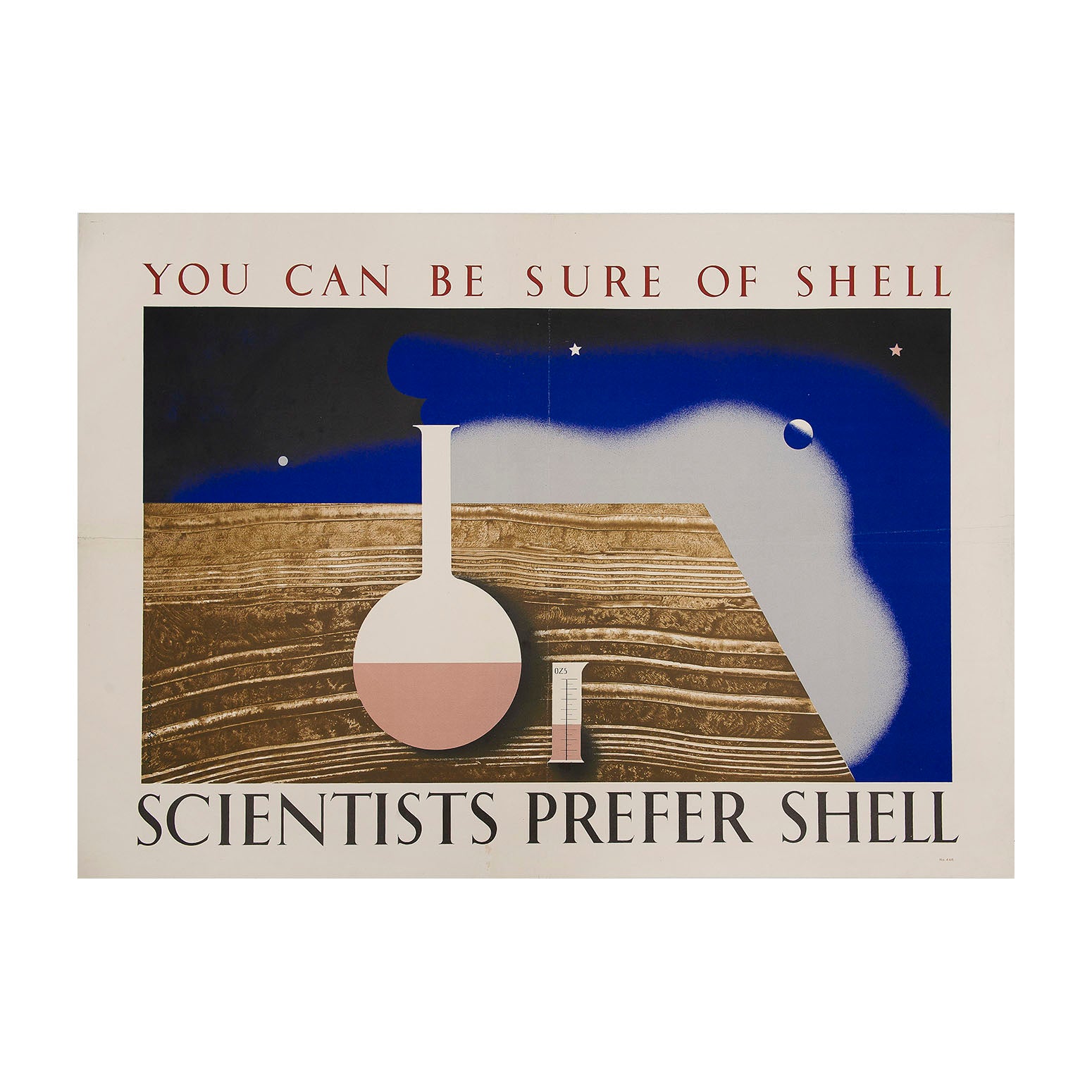 Poster, Scientists Prefer Shell, designed by Eric Lombers and Tom Eckersley, 1936. 2 chemical vessels on a chemical bench juxtaposed against a night sky with stars, a vaporous cloud and a planet. Modernist