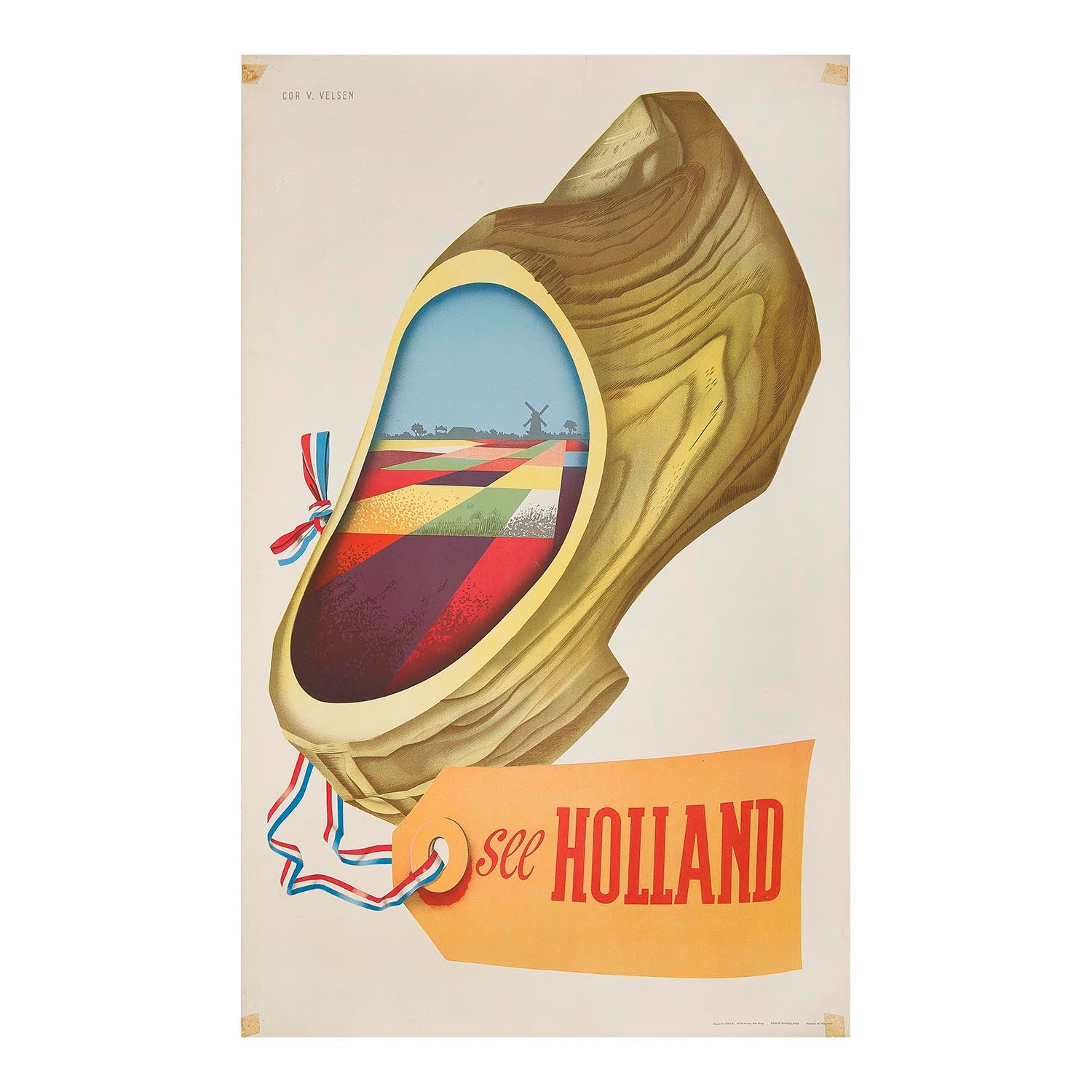 Dutch travel poster, See Holland, Tourism Bureau of Holland c.1955. Cor V Velsen. A wooden clog containing a landscape of tulip fields with a windmill in the background