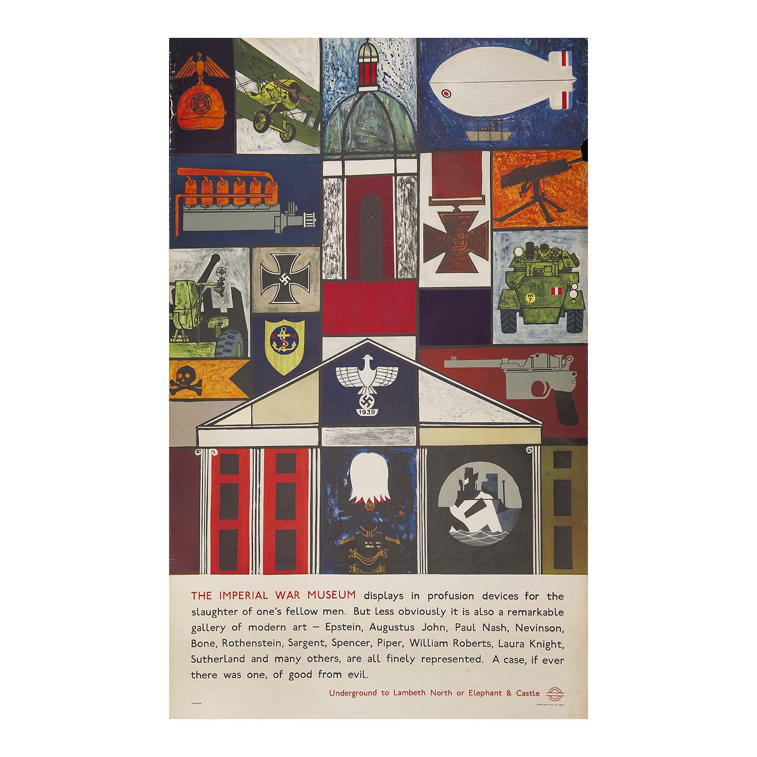 London Transport poster for the Imperial War Museum, designed by Andrew Hall, 1965. Pop Art inspired design features graphic representations of artefacts associated with the First and Second World Wars