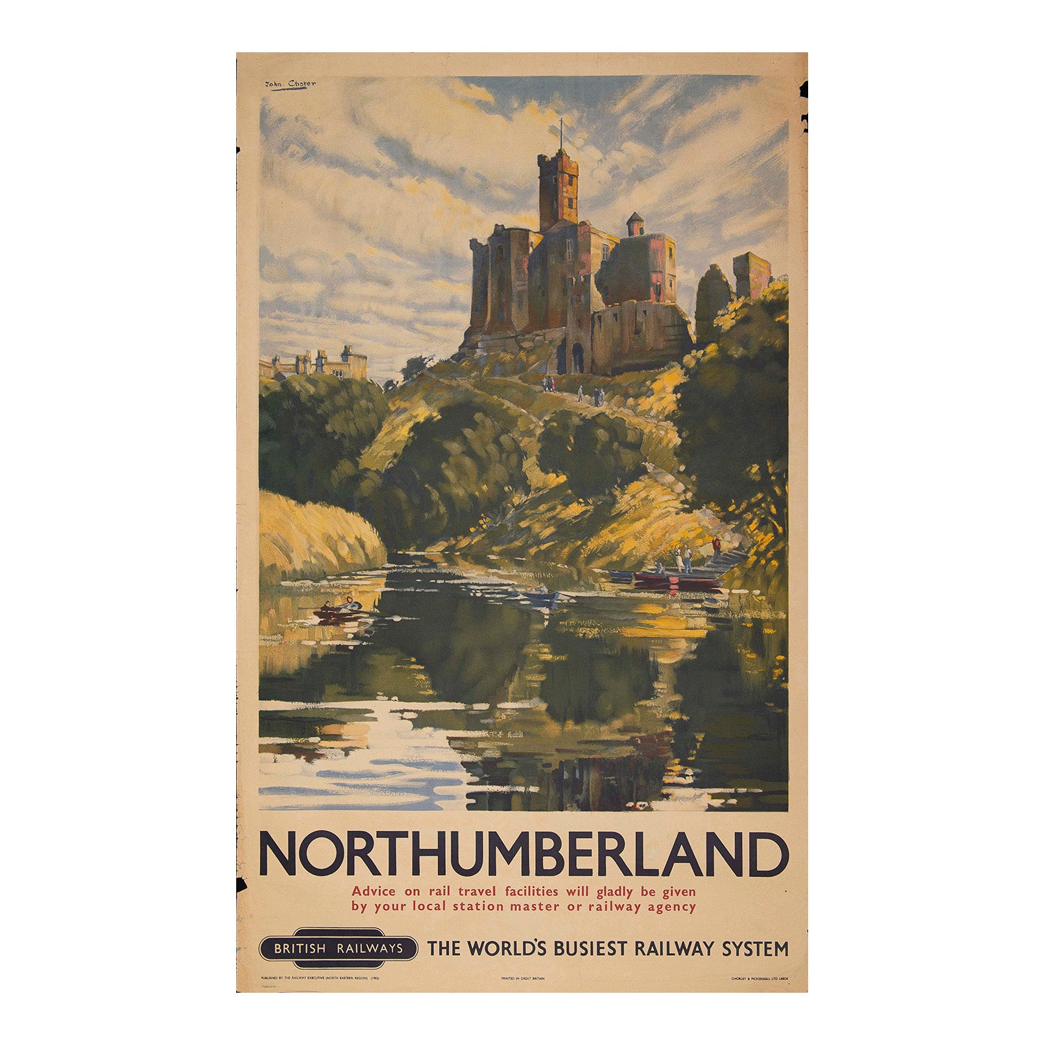 railway poster for Northumberland, painted by John Choter and published by the Railway Executive (North Eastern Region) in 1952. The design features Warkworth Castle as seen from the River Coquet, with vowing boats in the foreground and visitors walking up the steep path to the castle keep