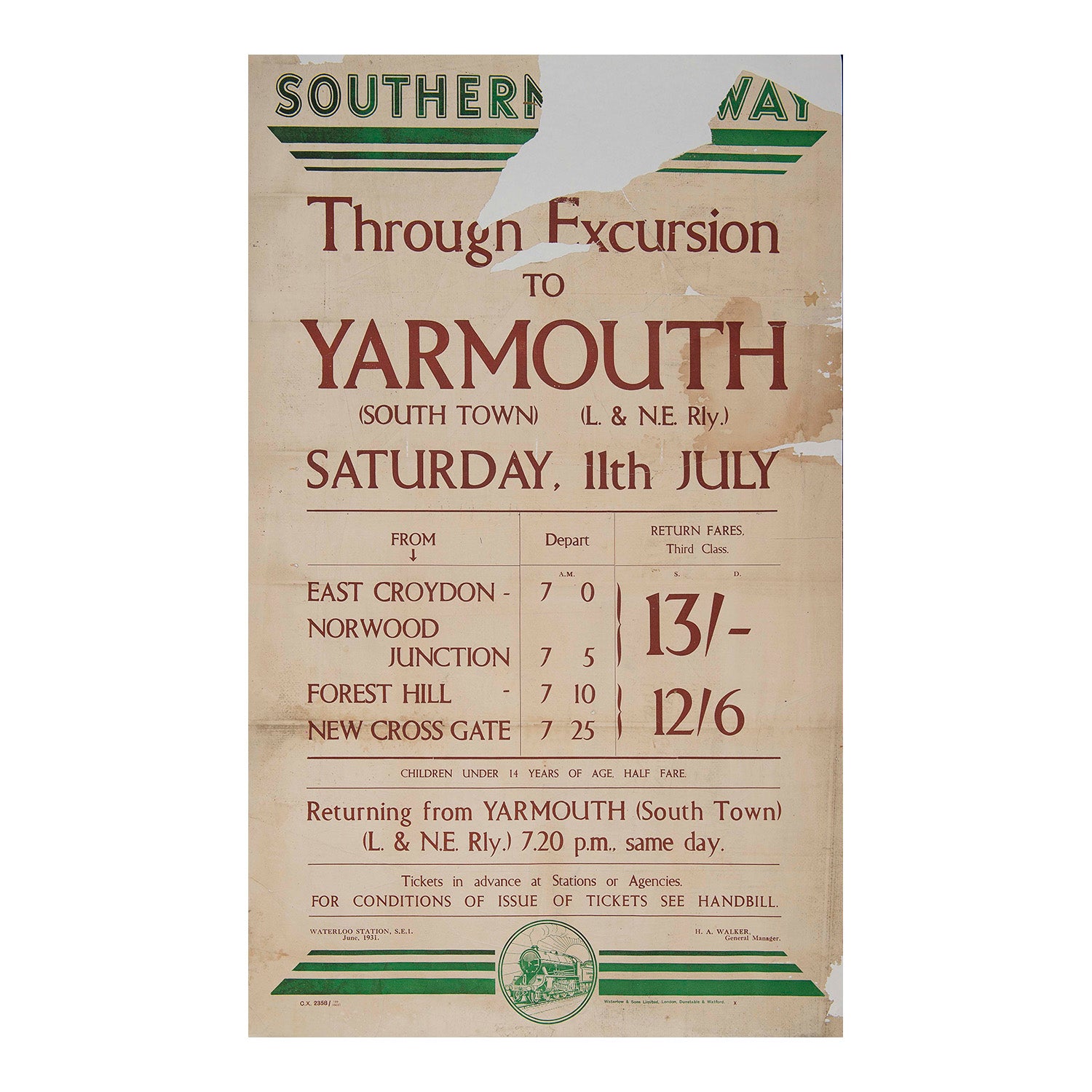 An original Southern Railway letter press poster notice, Through Excursion to Yarmouth (South Town), 1931