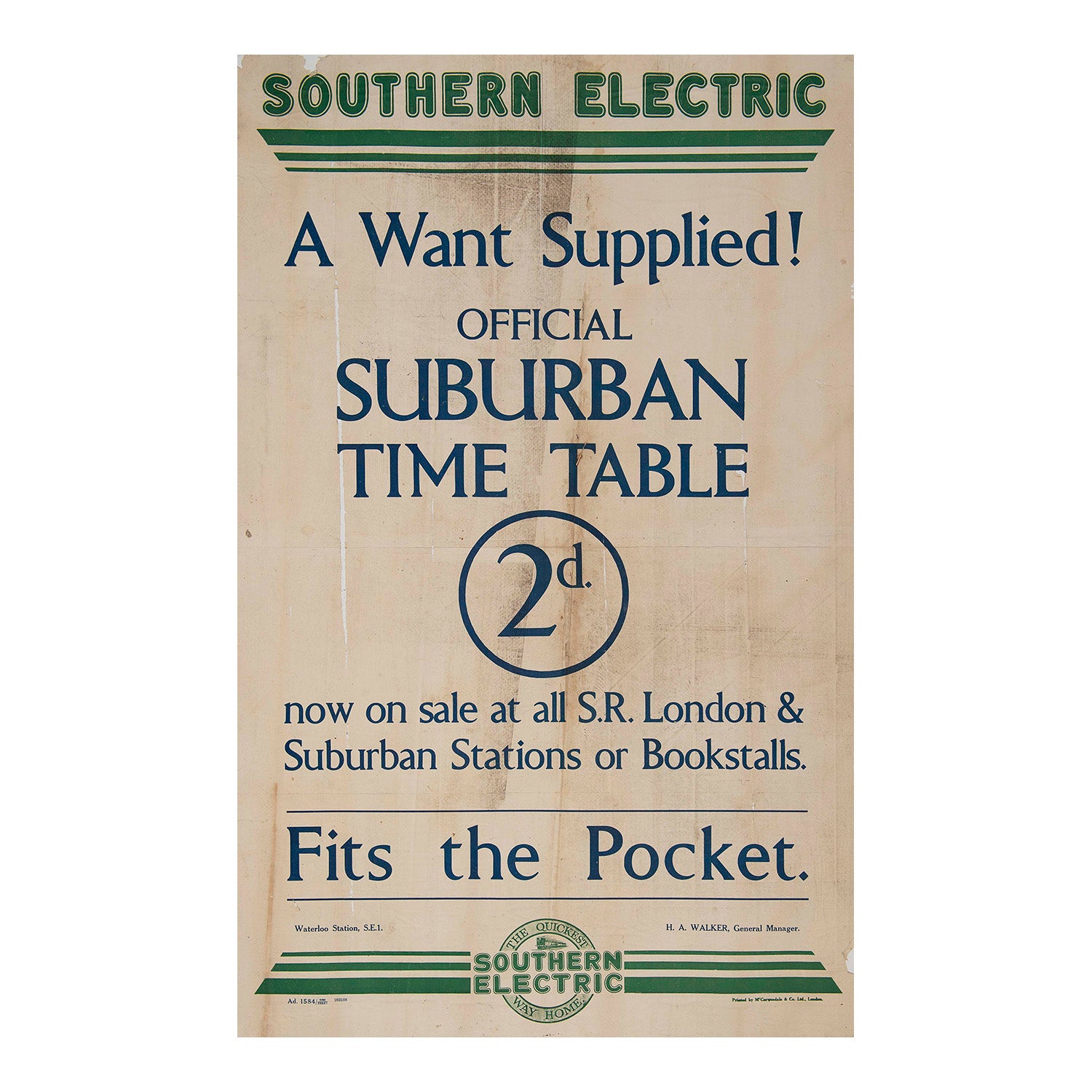 original Southern Railway letter press poster notice, A Want Supplied! Official Suburban Time Table 2d, 1931