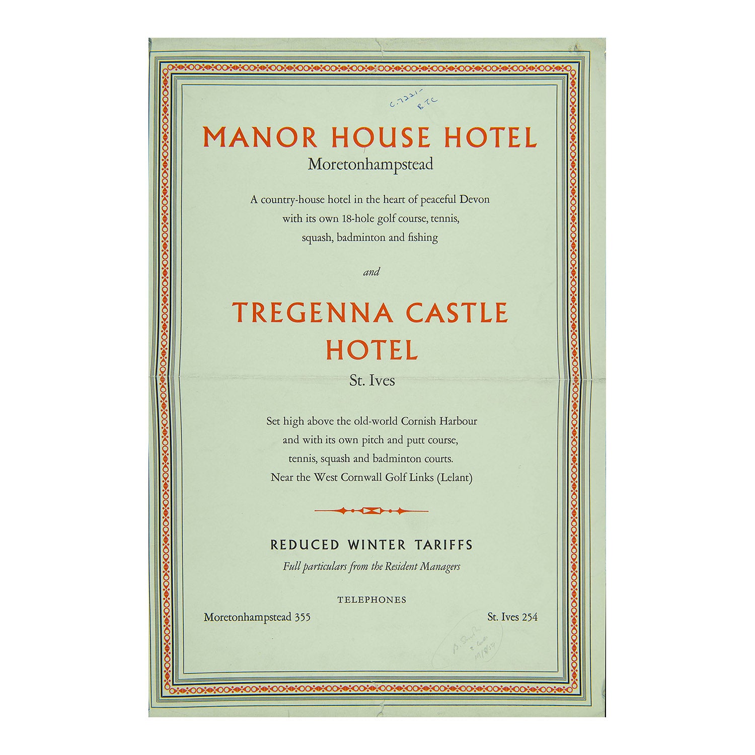 railway hotel poster, promoting the Manor House Hotel, Moretonhampstead, and Tregenna Castle Hotel, St. Ives, 1959