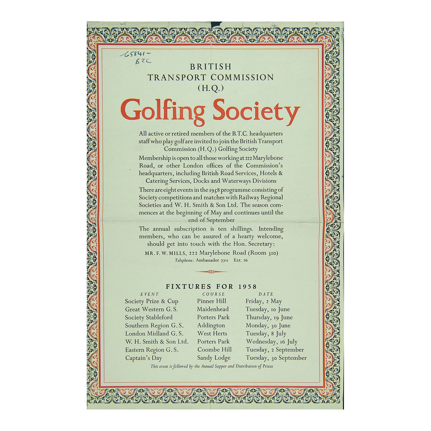 poster promoting the British Transport Commission (HQ) Golfing Society, 1958