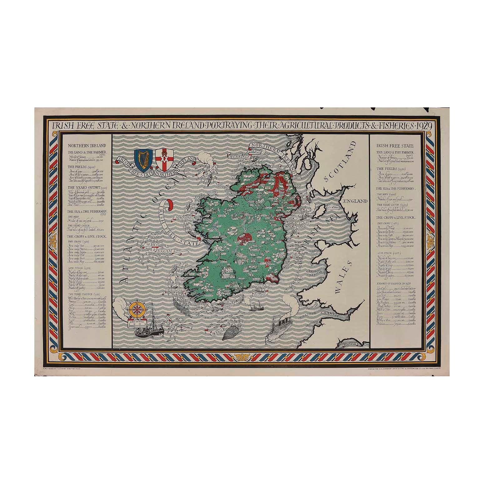 Original Empire Marketing Board poster map designed by Leslie MacDonald ('Max') Gill, 1929, showing Northern Ireland & The Irish Free State with towns, produce and places of interest marked