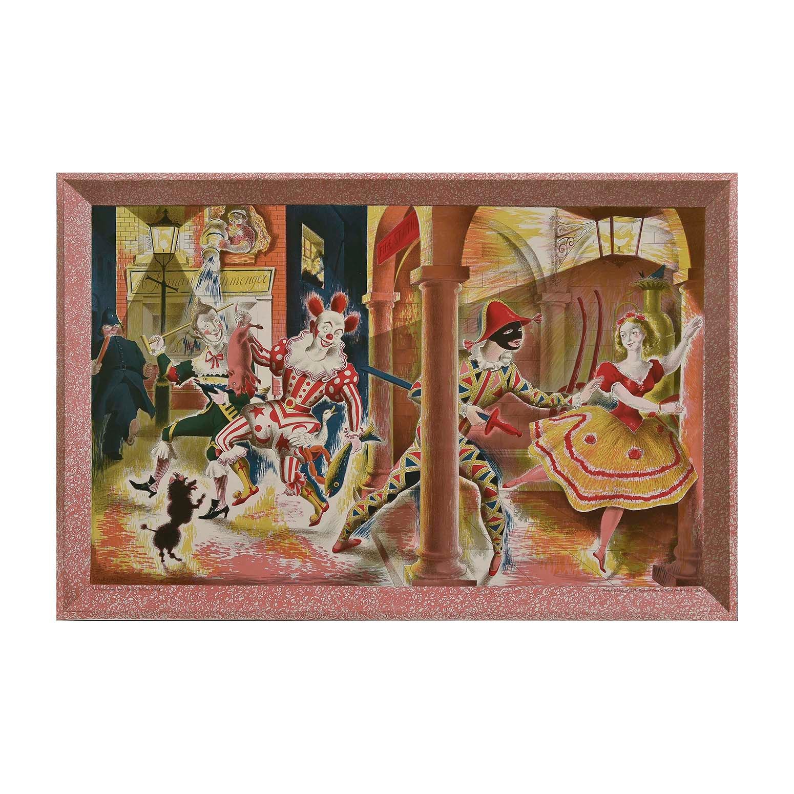 Original ‘School Print’, Harlequinade, by Clarke Hutton and published by School Prints Ltd, 1946. The design depicts a stage set with dancers in bright costume, including a harlequin, clown, ballet dancer and policeman. A woman in a pink spotted blouse empties water from a jug out of the upstairs window of a fishmonger's shop