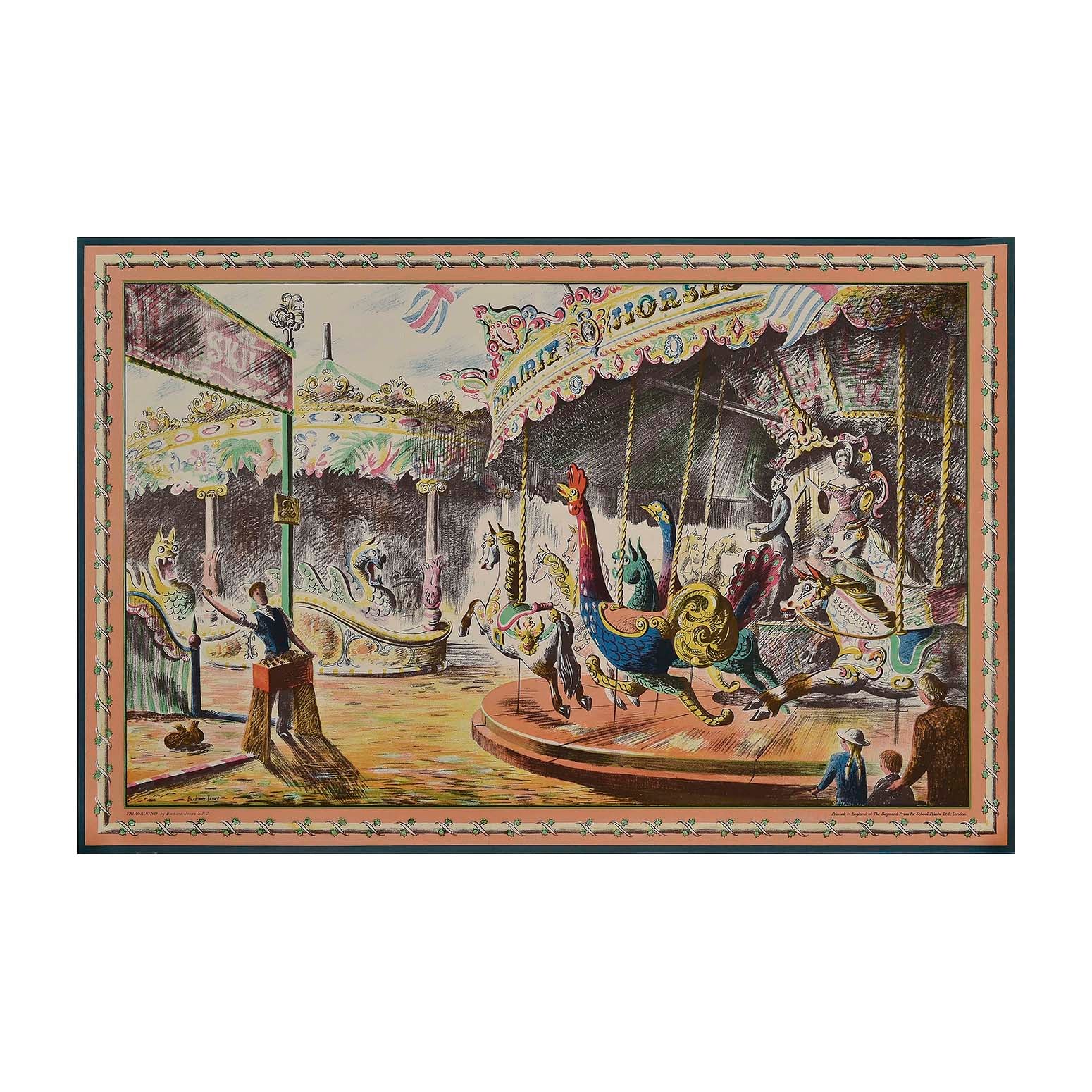 Original ‘School Print’, Fairground, by Barbara Jones, and published by School Prints Ltd, 1946. The design depicts a fairground with a brightly coloured, ornately decorated, merry-go-round in the foreground, featuring cockerels and horses