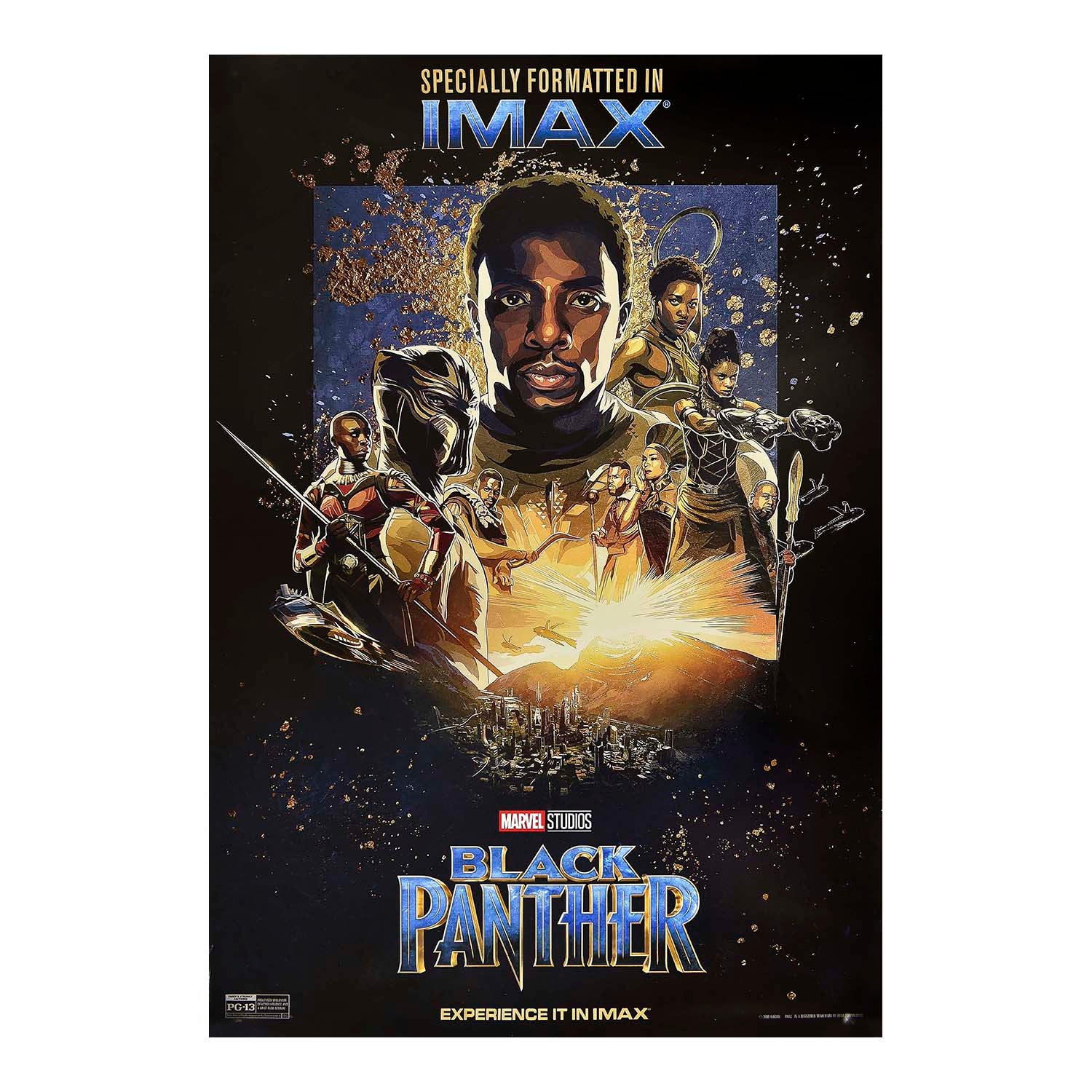 Original, small format, pre-release film poster, Black Panther, 2018, poster features T'Challa / Black Panther surrounded by key characters from his Wakanda kingdom, including Killmonger, Shuri and Okoye. 