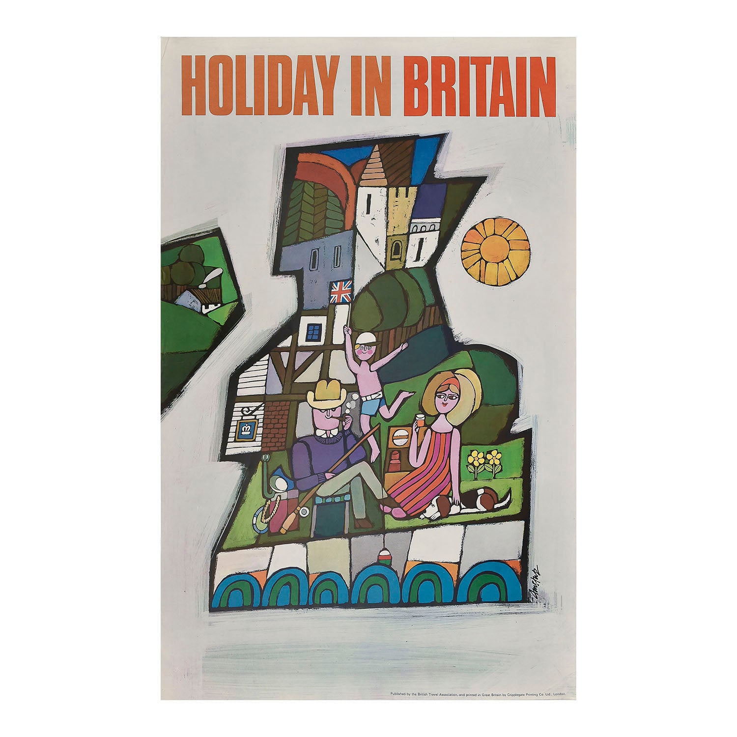 British Travel Association poster, Holidays in Britain, designed by Andre Amstutz. The design features a holidaying family against a background shaped like the British Isles