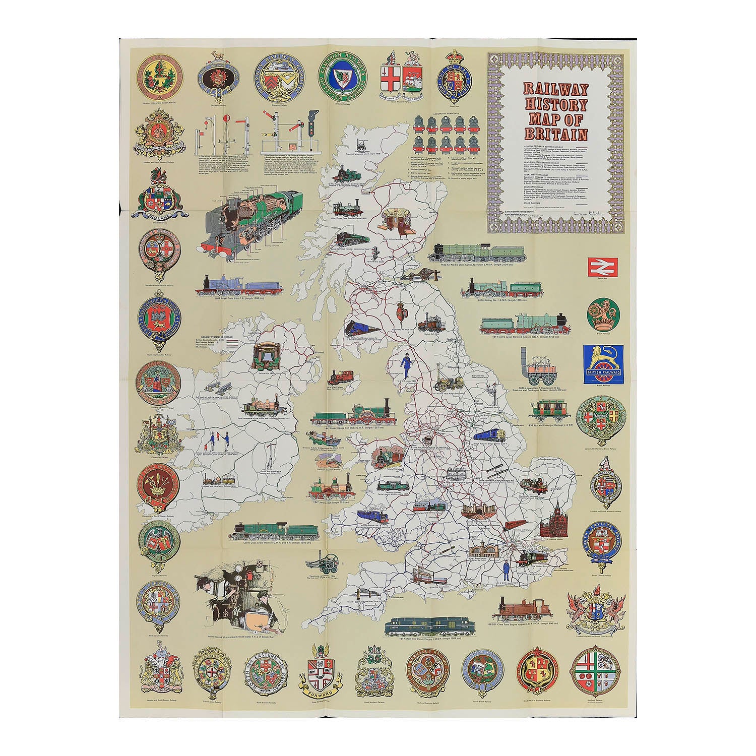 folding map of British Railway history, published by John Bartholomew & Son Ltd, Edinburgh, c. 1975. The map opens to show the British Isles illustrated with key moments from railway history within a border of over 30 railway company crests and logos