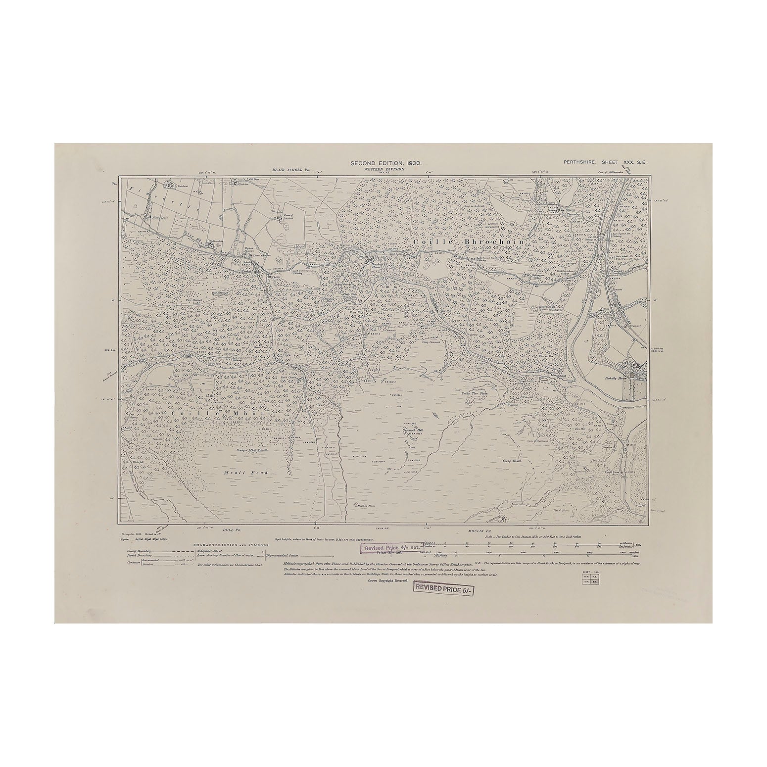 Original Ordnance Survey map of Perthshire (Sheet XXX SE), One inch to one mile scale. Revised edition 1900. Map shows Coille Bhrochain and Coille Mhor