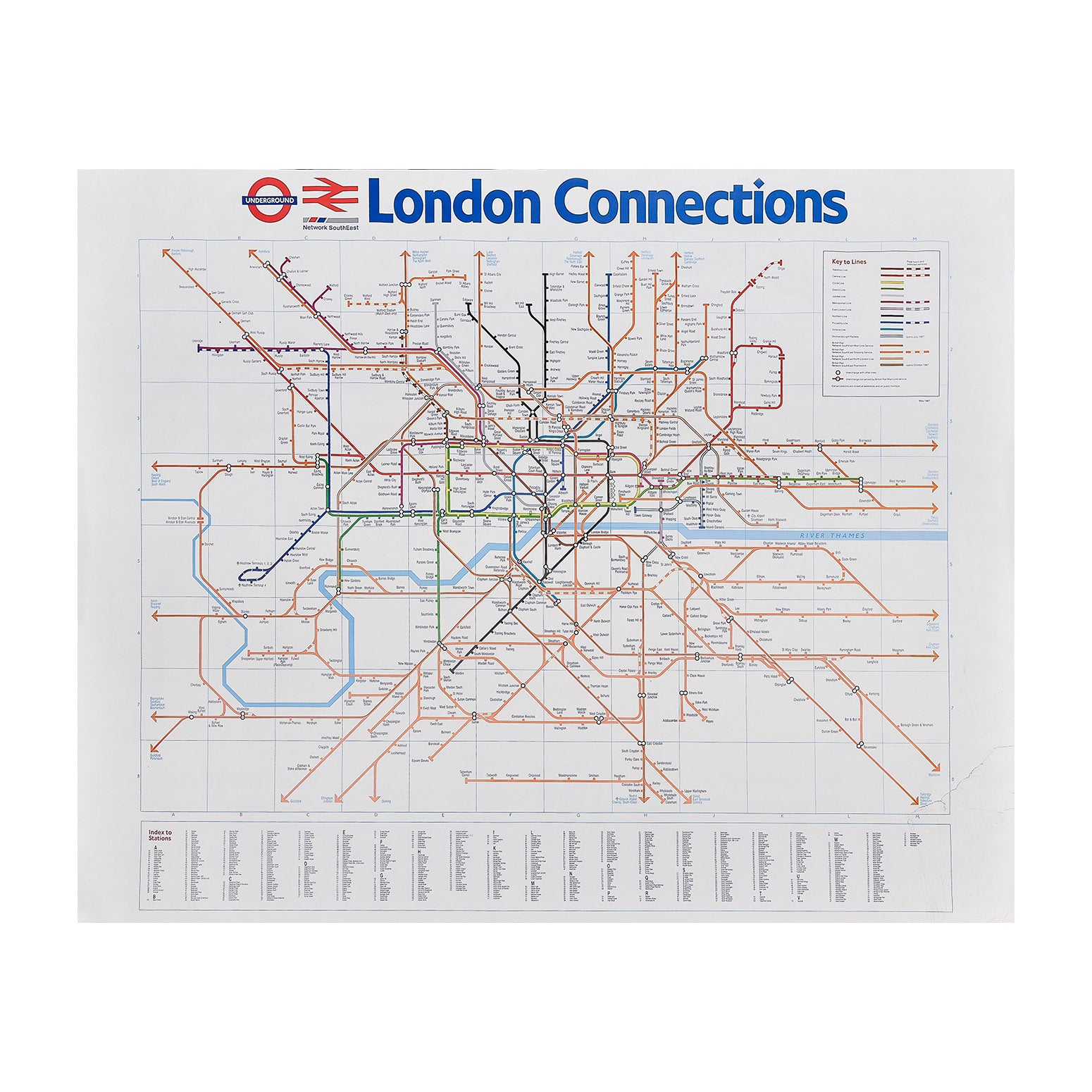 large format station poster map showing both the London Underground and the connecting national rail network for the Greater London area, 1987
