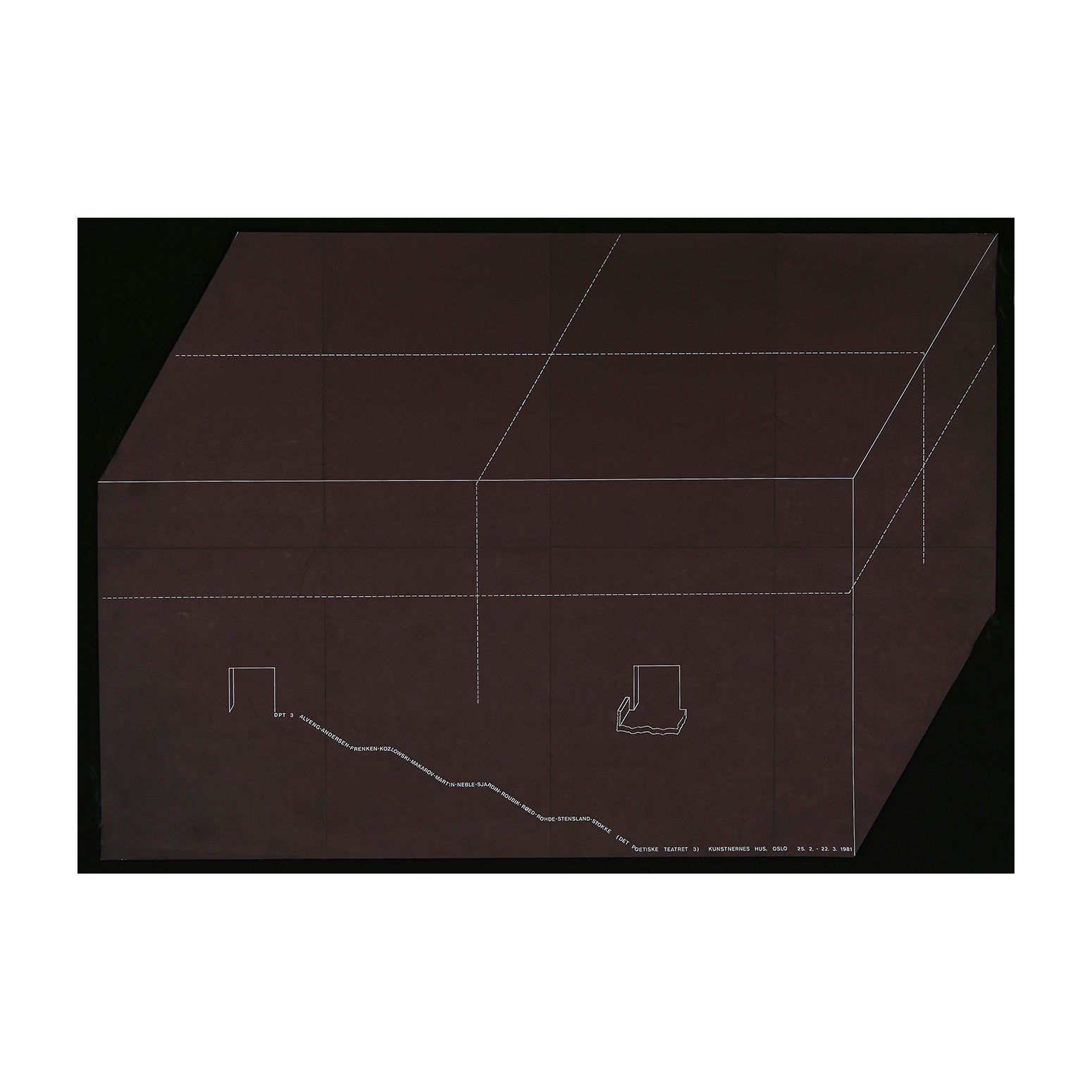 Original architecture exhibition poster The Poetic Theatre 3, held at the Kunstnernes Hus, Oslo, 1983. The poster’s very unusual format (photographed here against a black background) shows a basic layout drawing of a room with entrance and exit
