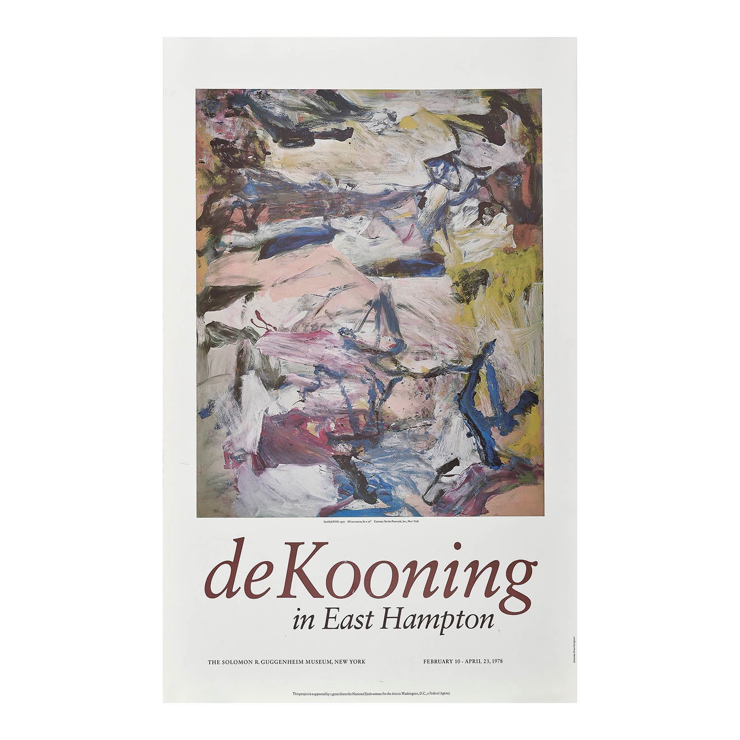 art exhibition poster, de Kooning in East Hampton, held at the The Solomon R. Guggenheim Museum, New York 1978. The design features North Atlantic Light (Untitled XVIII), 1977, by Willem de Kooning