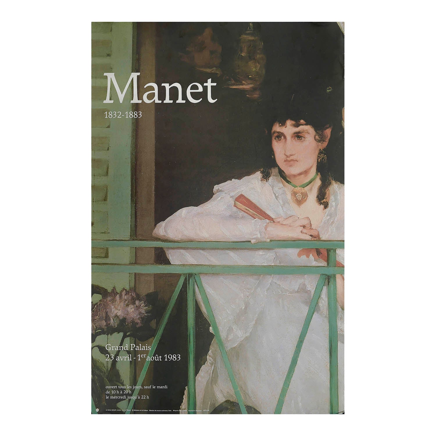 Original art exhibition poster, Manet 1832-1883, held at the Grand Palais, Paris, 1983. The design features a detail from The Balcony (French: Le balcon), 1868-69, by the French painter Édouard Manet. 
