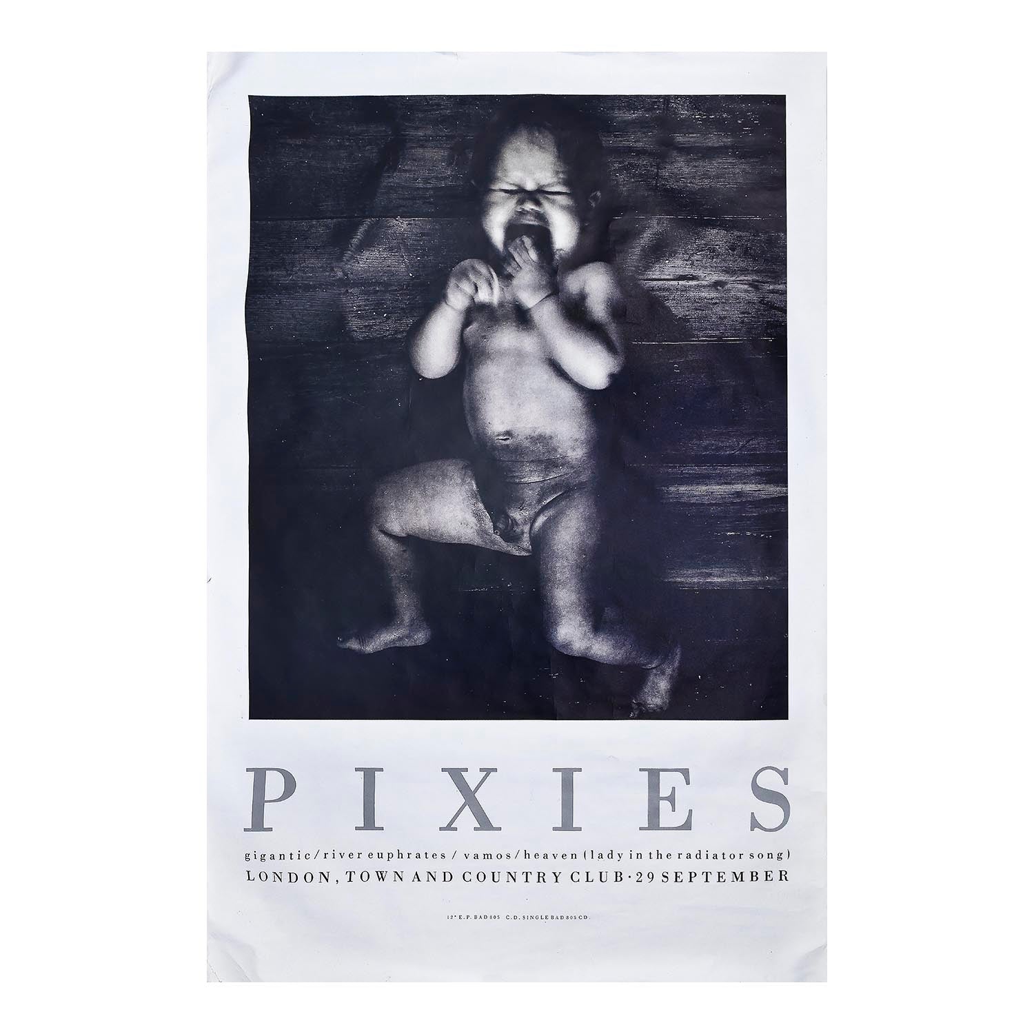 original, promotional poster for the American alternative rock band Pixies, which advertises the band’s first single, Gigantic, and a live performance at the Town and Country Club on the band’s first UK headlining tour, 29 September 1988