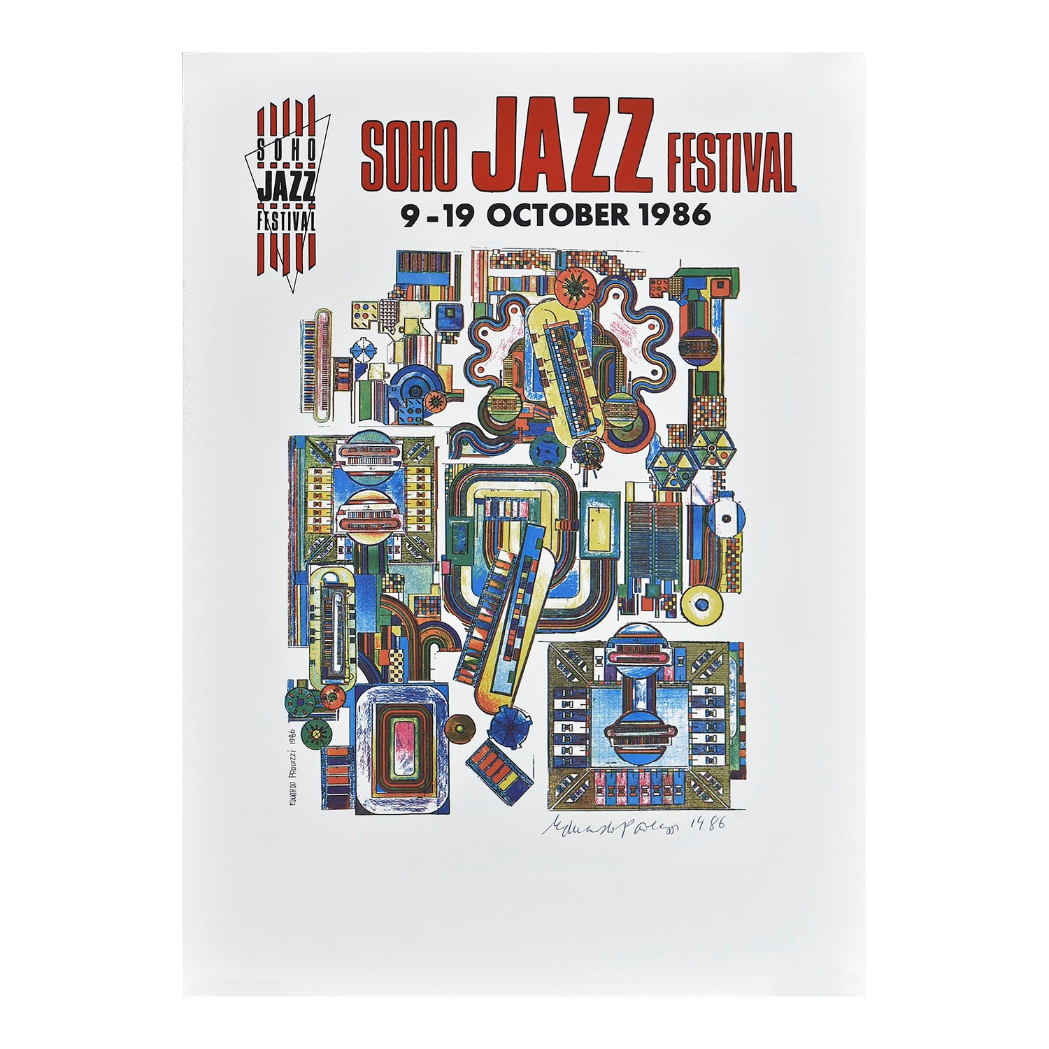 An original hand-signed & limited edition screen print for the 1986 Soho Jazz Festival by Eduardo Paolozzi.