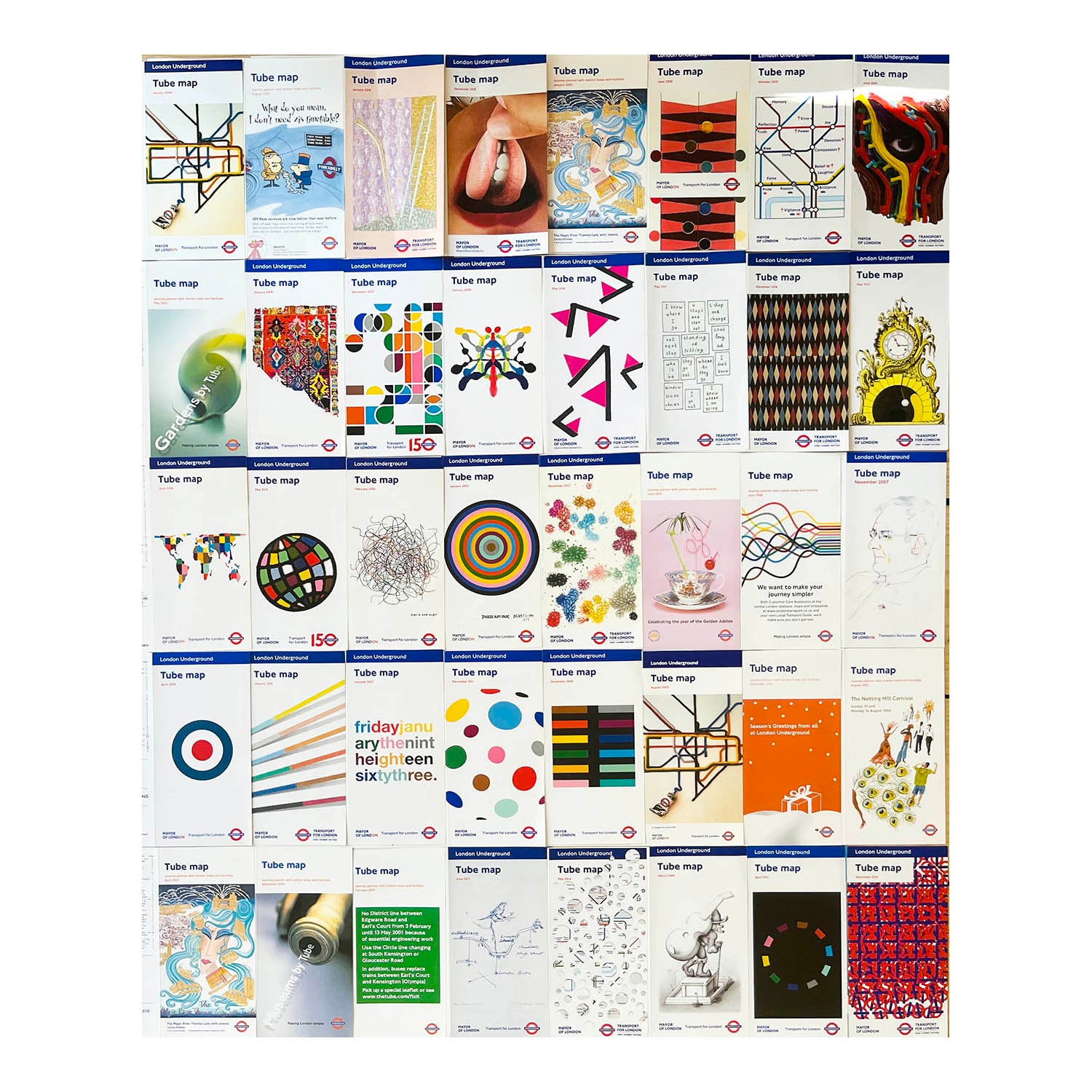 Comprehensive collection of original Tube maps, 2000-2018. Fifty-six different issues/versions.
Since 2004, Art on the Underground has commissioned artists to create covers for London Underground's iconic pocket Tube map. Examples of artists featured in this collection include: Emma Kay, Gary Hume, David Shrigley, Yinka Shonibare, Liam Gillick, Jeremy Deller, Cornelia Parker, Zandra Rhodes, Mark Wallinger, Barbara Kruger, Yayoi Kusama, Tracey Emin, Sarah Morris, Rachel Whiteread and Linder.