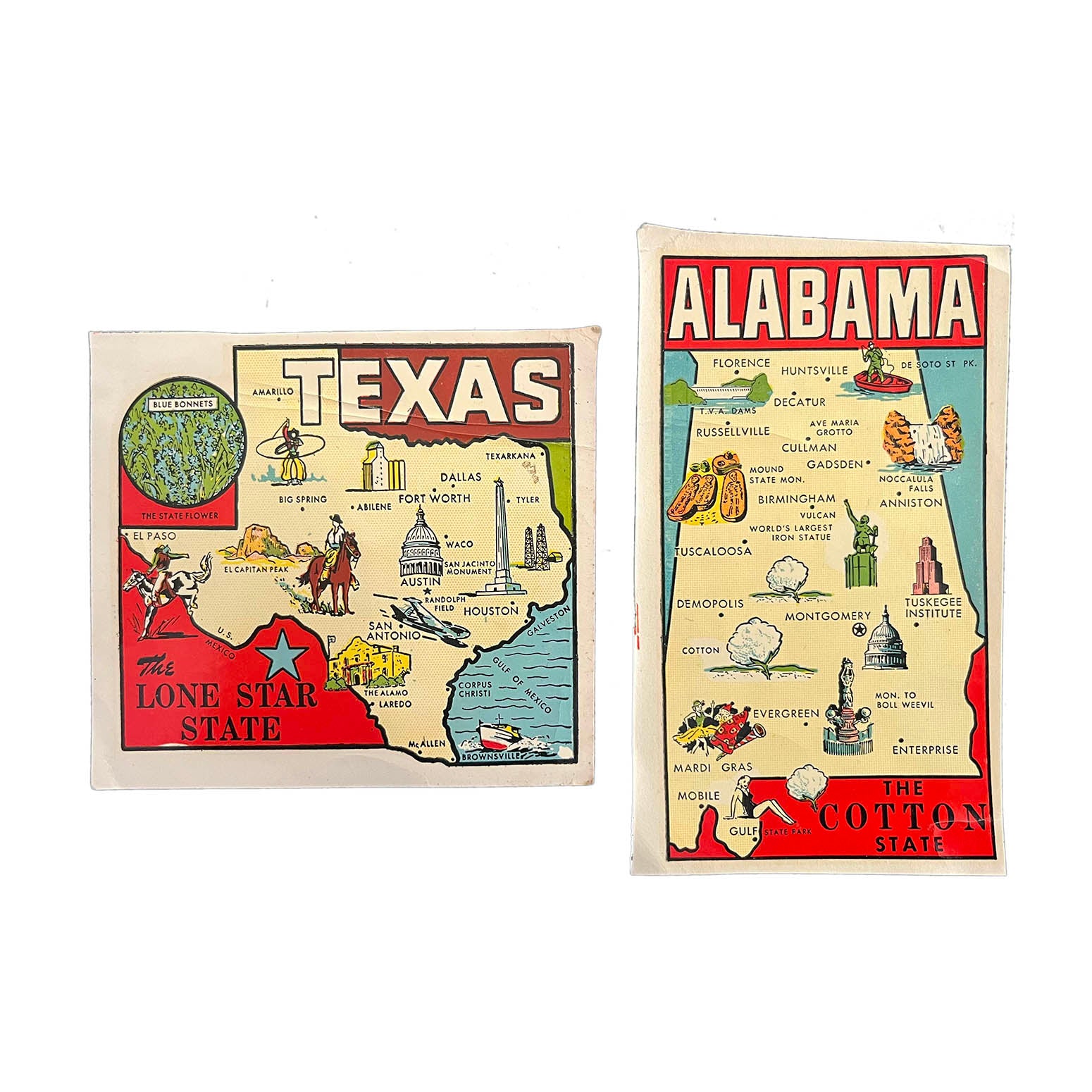 Two original 1950s/early 1960s adhesive decals, Texas and Alabama, unused in original glassine packaging.