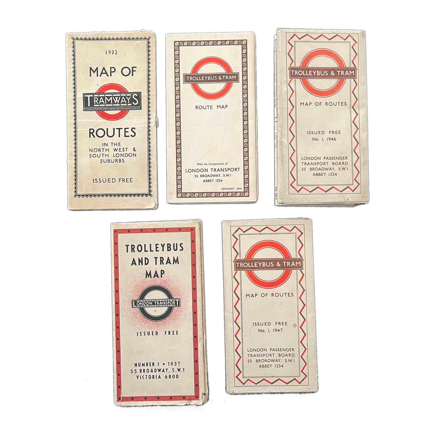 Five original London Transport Tram & Trolleybus folding maps, published in the years 1932, 1937, 1946, 1947 and 1950
