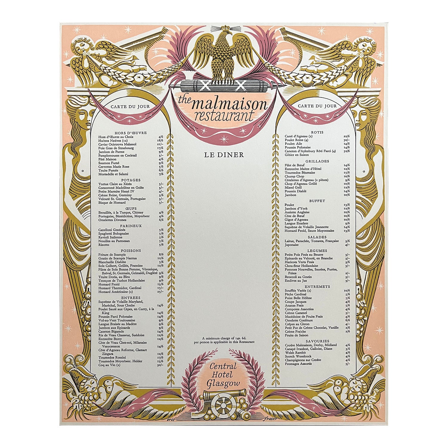 railway hotel menu for the Malmaison Restaurant, Central Hotel, Glasgow, designed by Eric Fraser, c. 1965