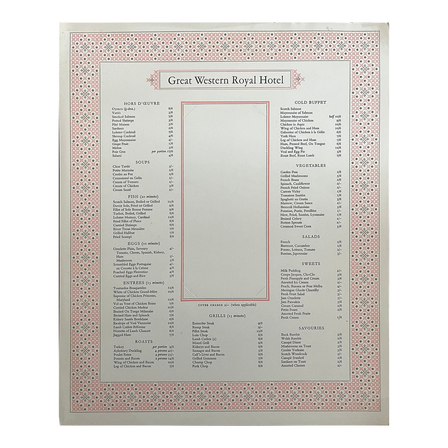 original railway hotel menu, Great Western Royal Hotel, printed by the Curwen Press, c. 1960.