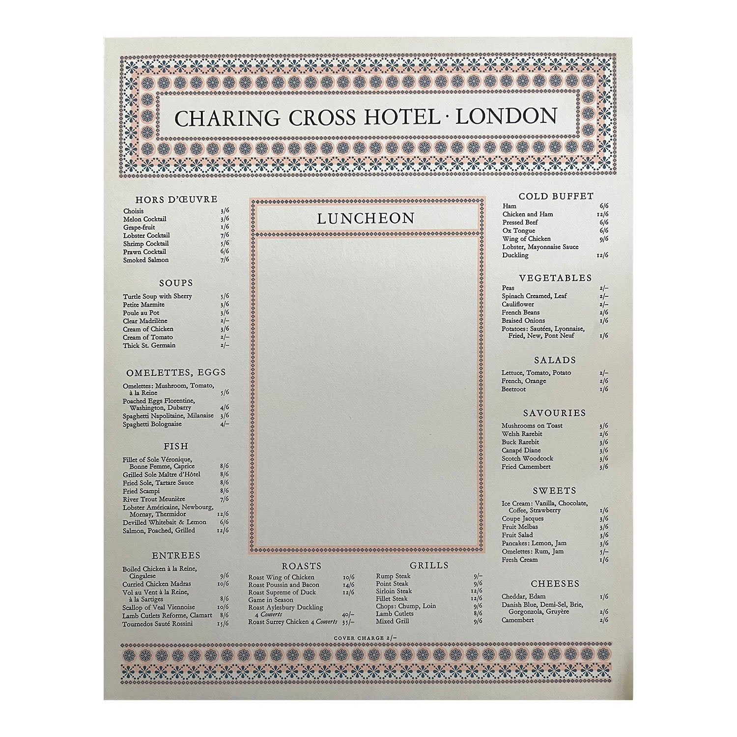 original railway hotel menu, Charing Cross Hotel, London, printed by the Curwen Press, c. 1960.