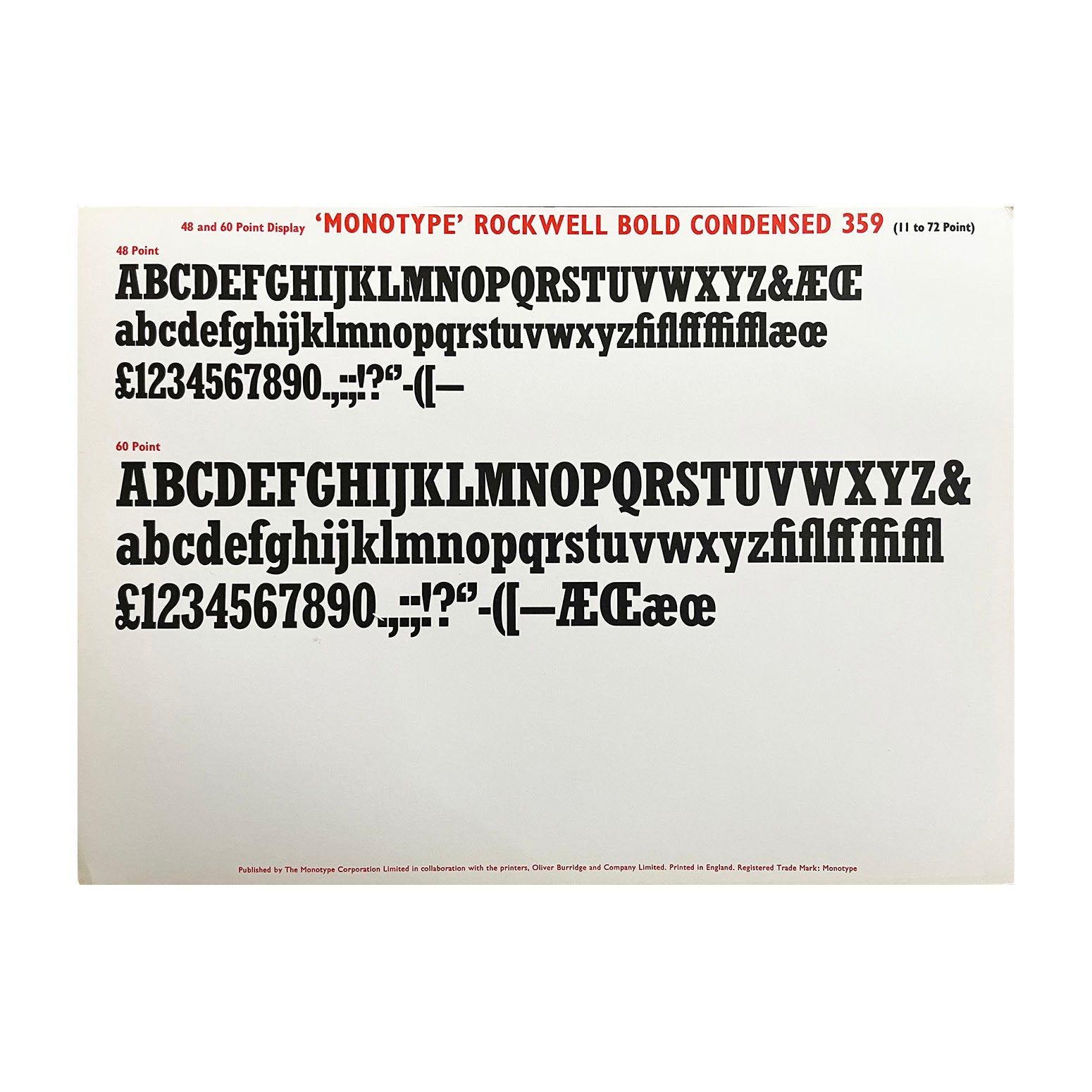 original printer’s sample sheet, Rockwell Bold Condensed 359 (11 to 72 Point), published by the Monotype Corporation Ltd