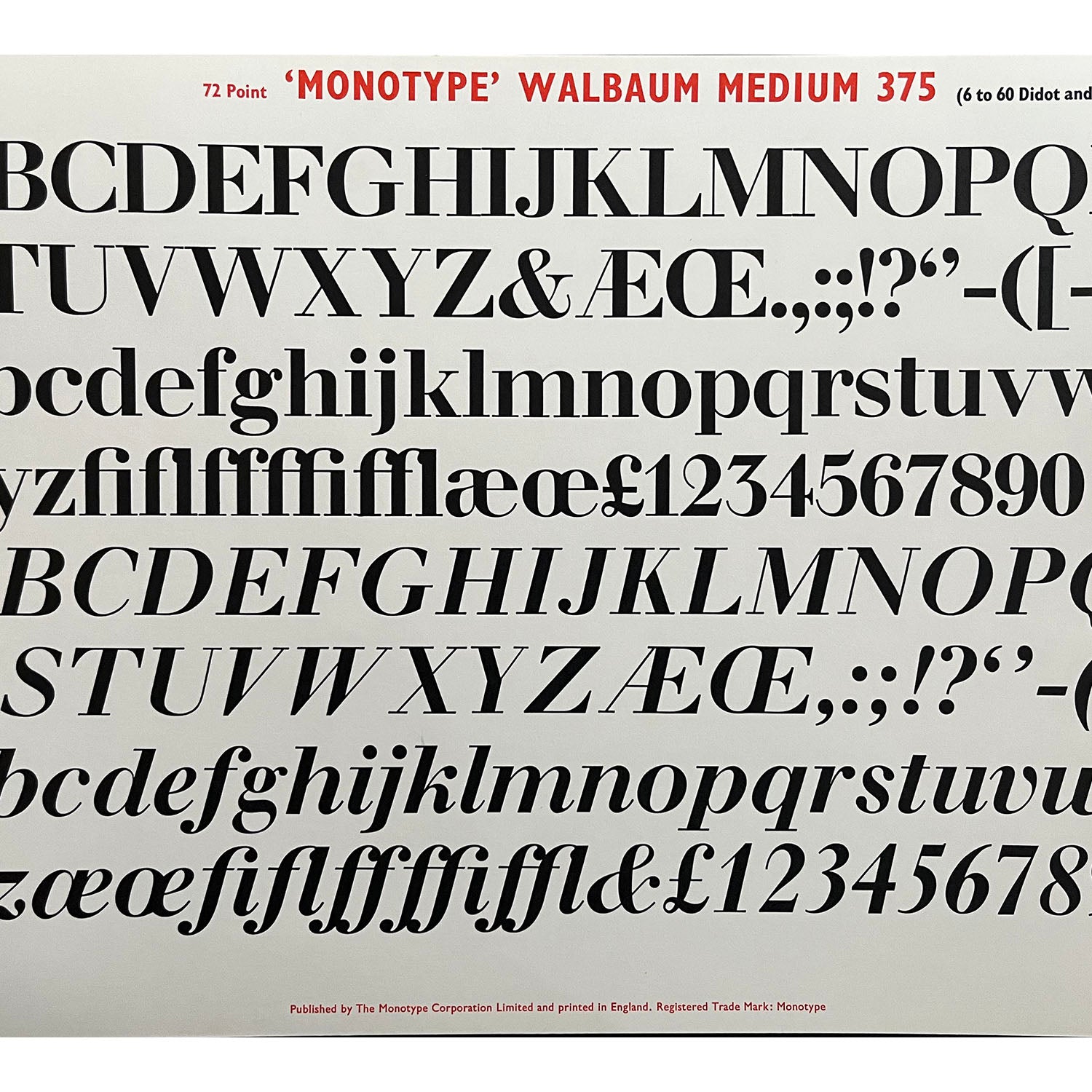original printer’s sample sheet, Walbaum Medium 375 (6 to 60 didcot & 72 Point), published by the Monotype Corporation Ltd