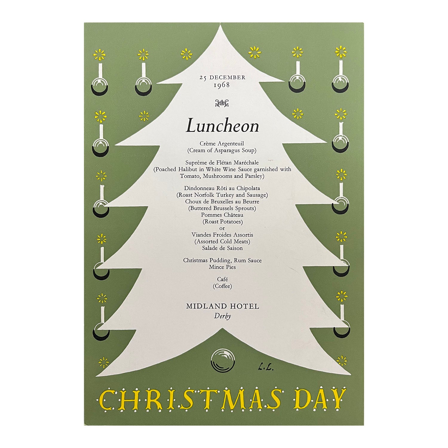 railway hotel menu, Christmas Day, Midland Hotel, Derby, 1968, designed by Laurence Scarfe