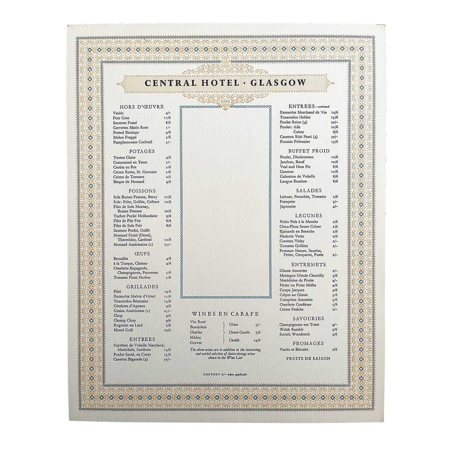 railway hotel menu, Central Hotel, Glasgow, printed by the Curwen Press, c. 1960.