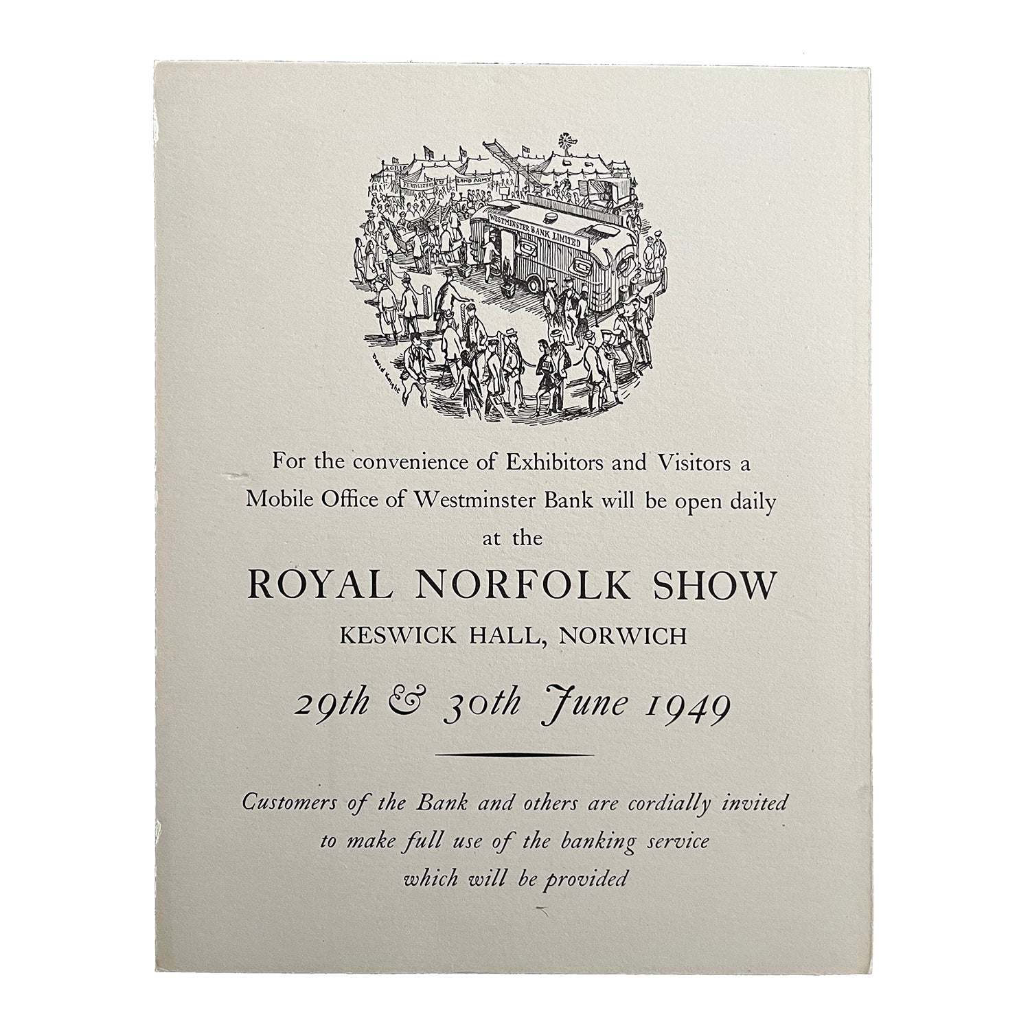 hanging card exhibitor notice published by the Westminster Bank for display at the Royal Norfolk Show, 1949